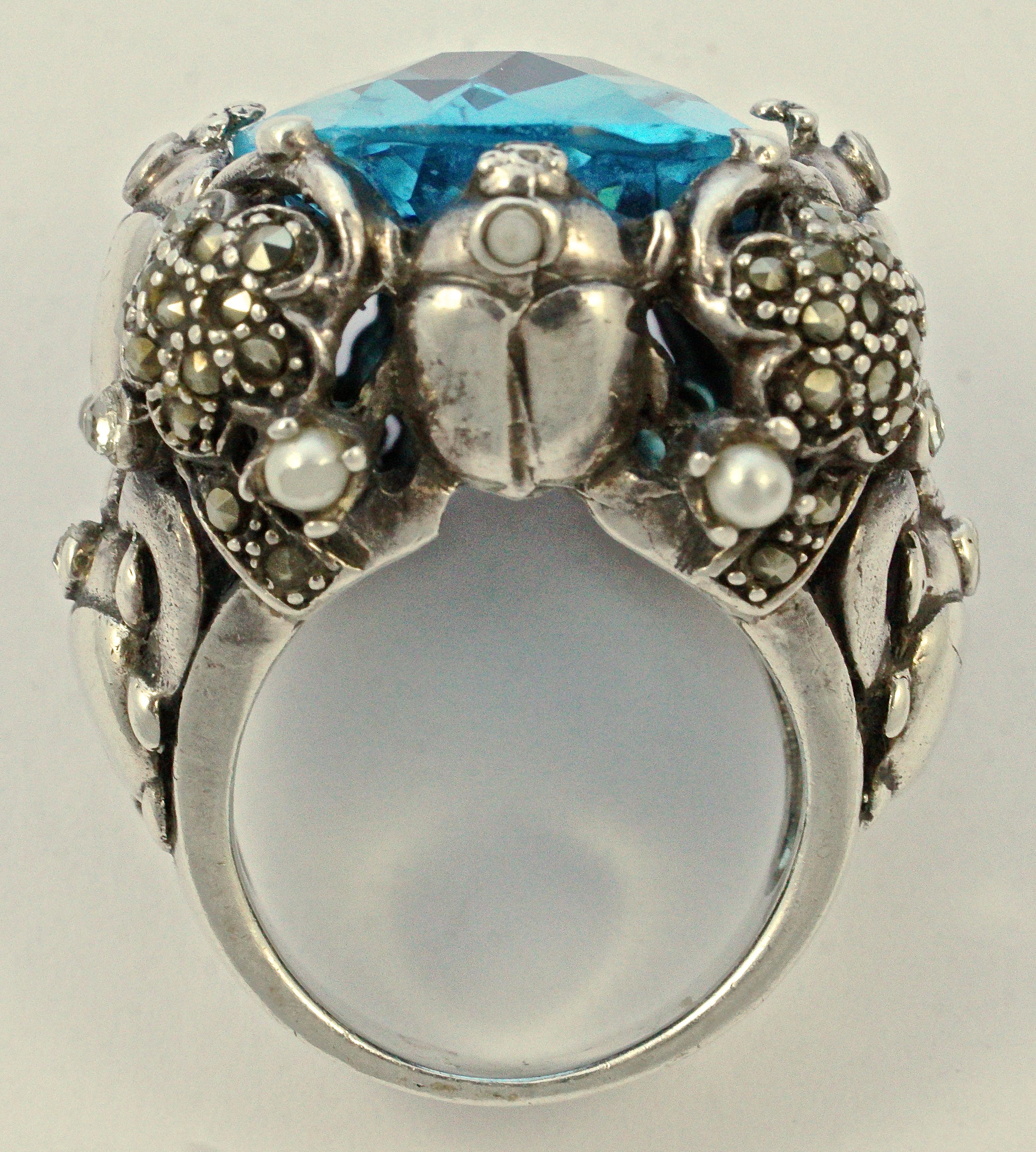 Round Cut Silver and Blue Oval Glass Marcasite Ladybird Flower Statement Ring circa 1970s For Sale