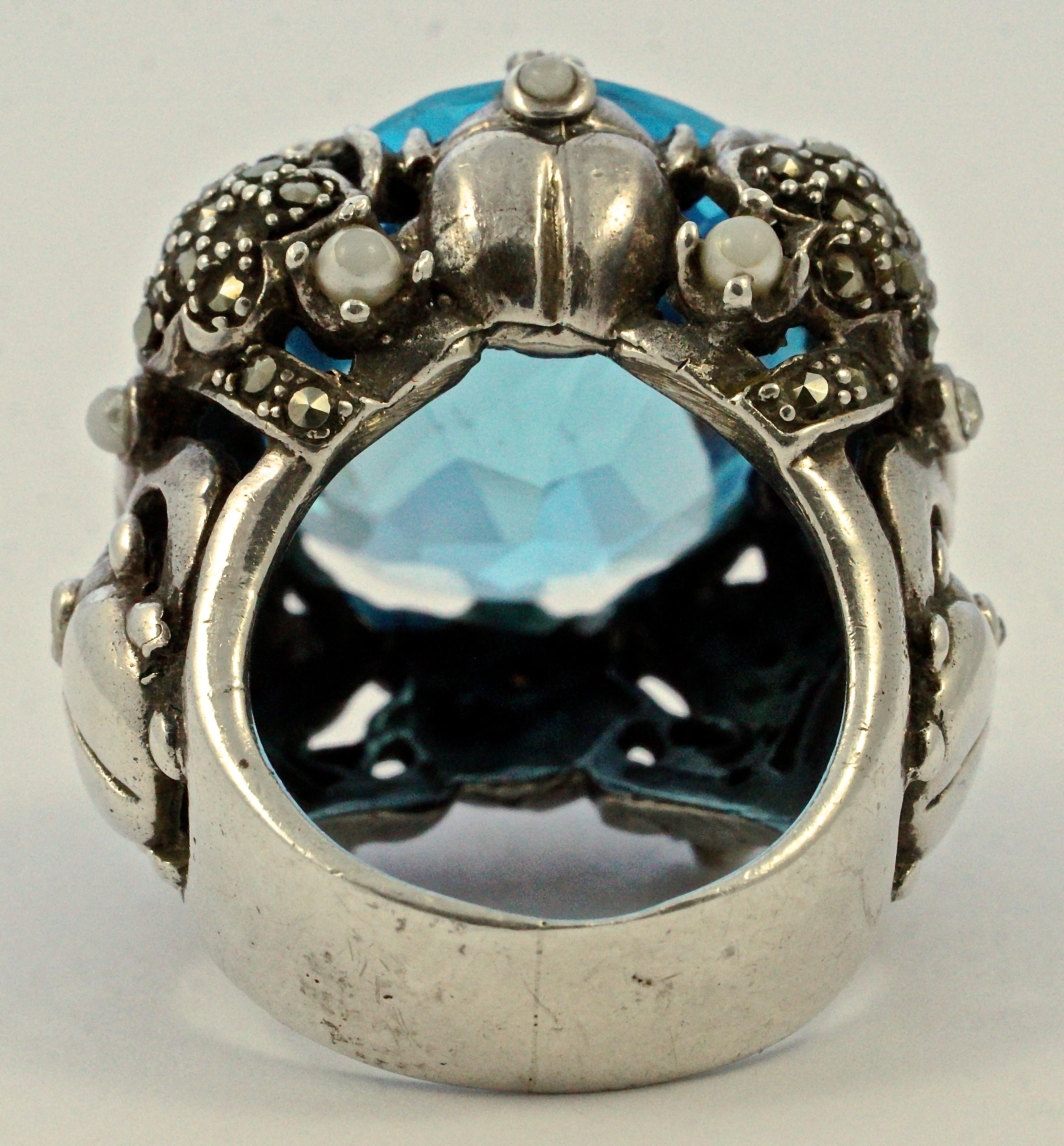 Silver and Blue Oval Glass Marcasite Ladybird Flower Statement Ring circa 1970s For Sale 2