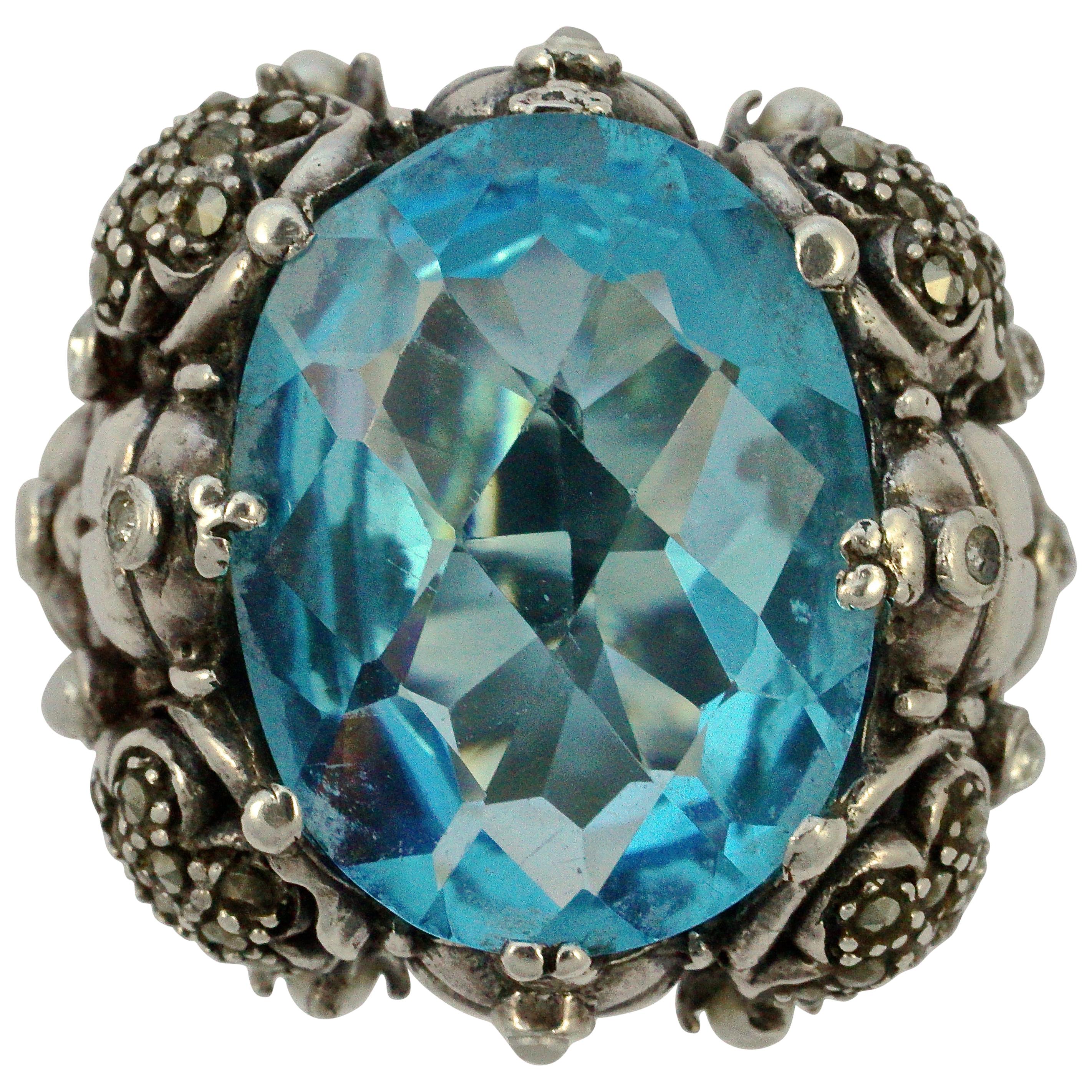 Silver and Blue Oval Glass Marcasite Ladybird Flower Statement Ring circa 1970s For Sale