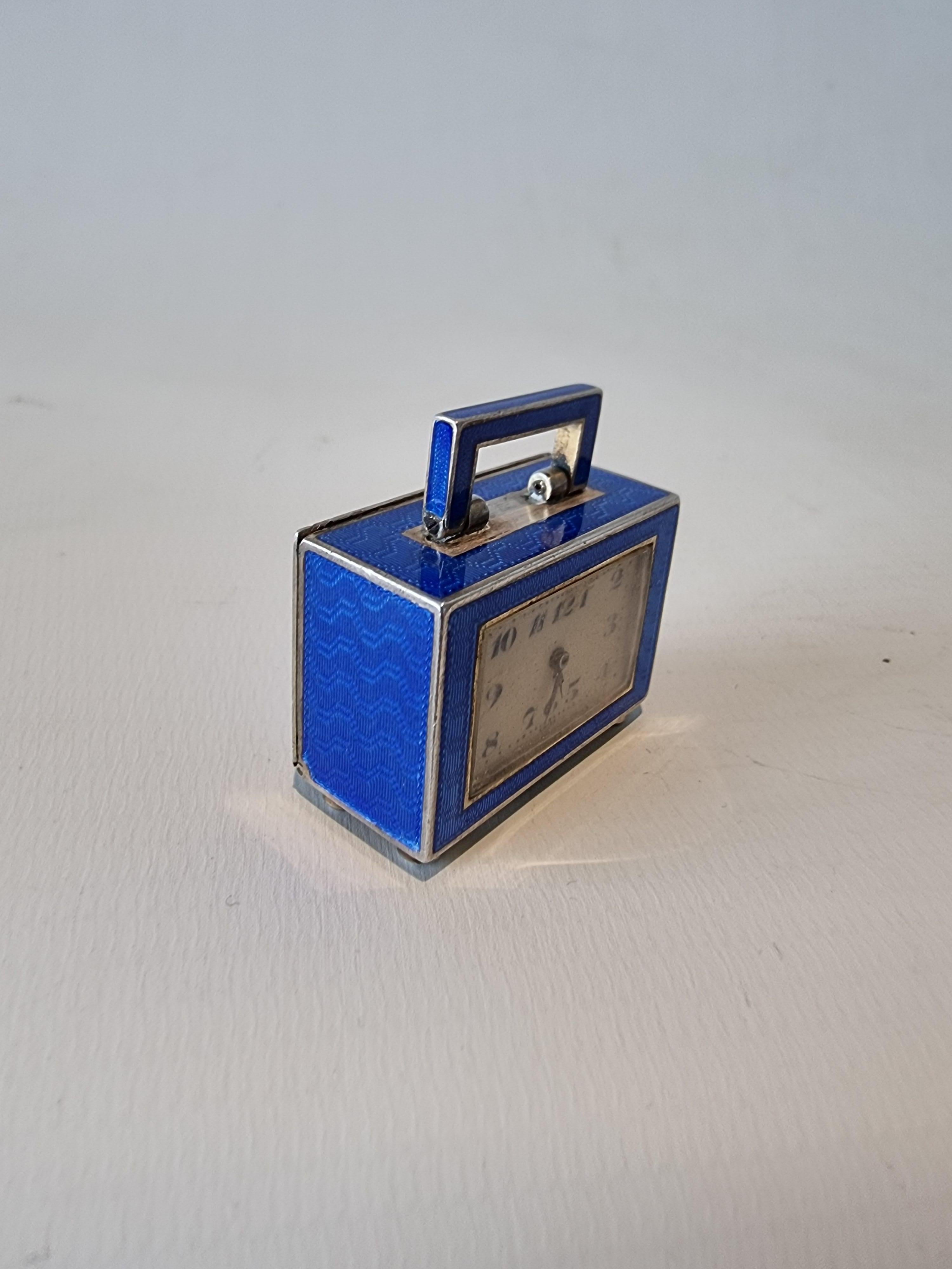 Swiss Silver and Blue sub miniature Guilloche enamel Carriage Clock