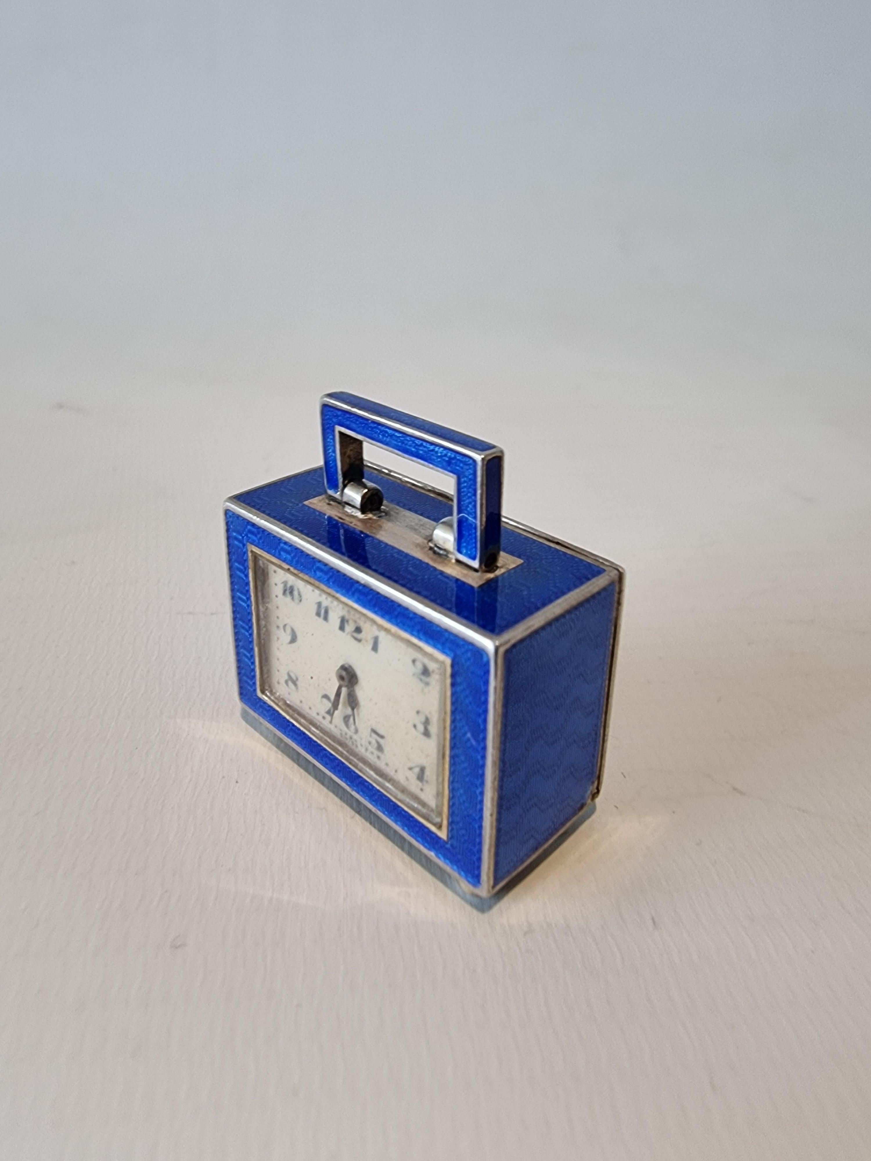 Silver and Blue sub miniature Guilloche enamel Carriage Clock In Good Condition In London, GB