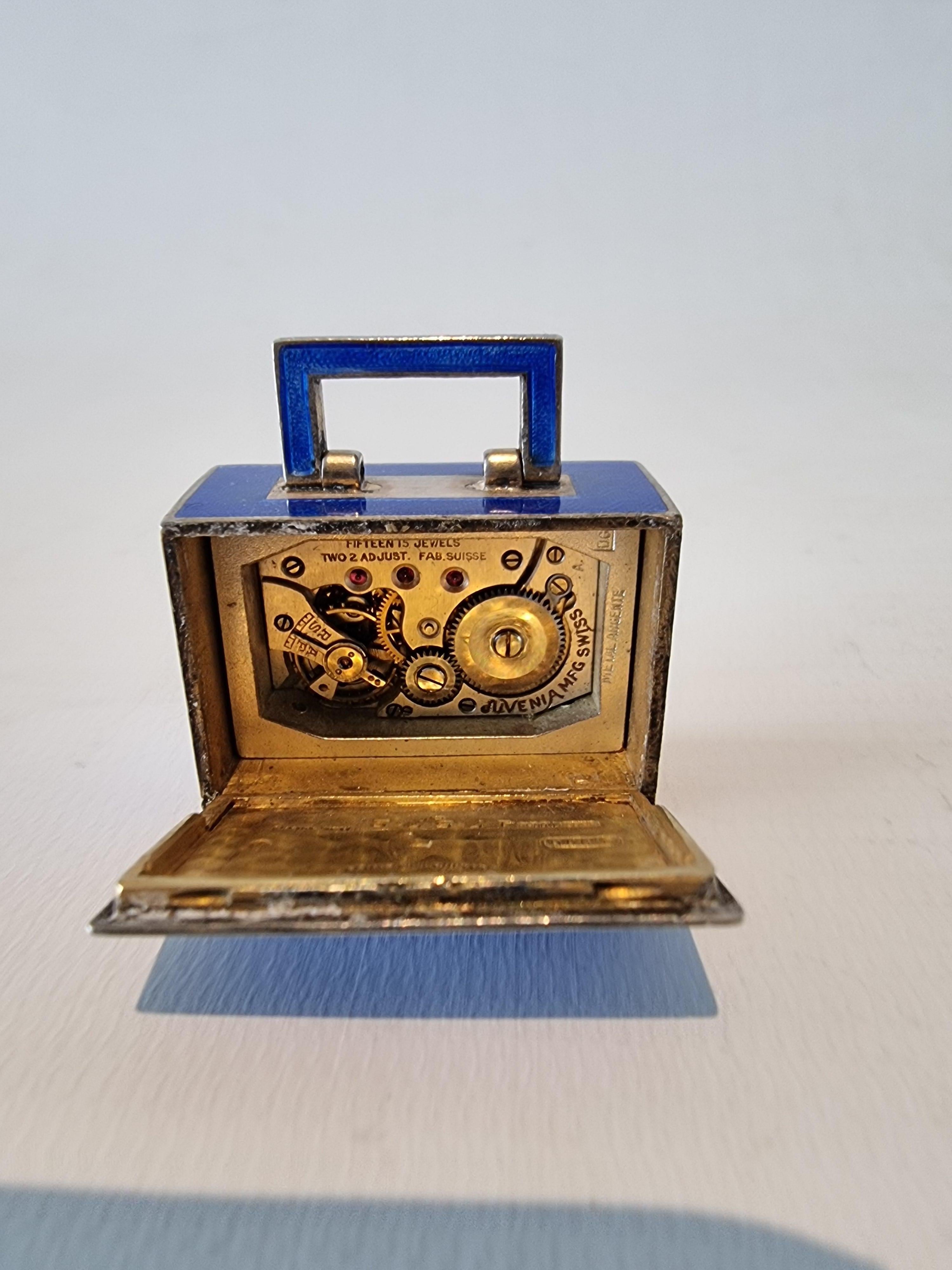 Silver and Blue sub miniature Guilloche enamel Carriage Clock 1