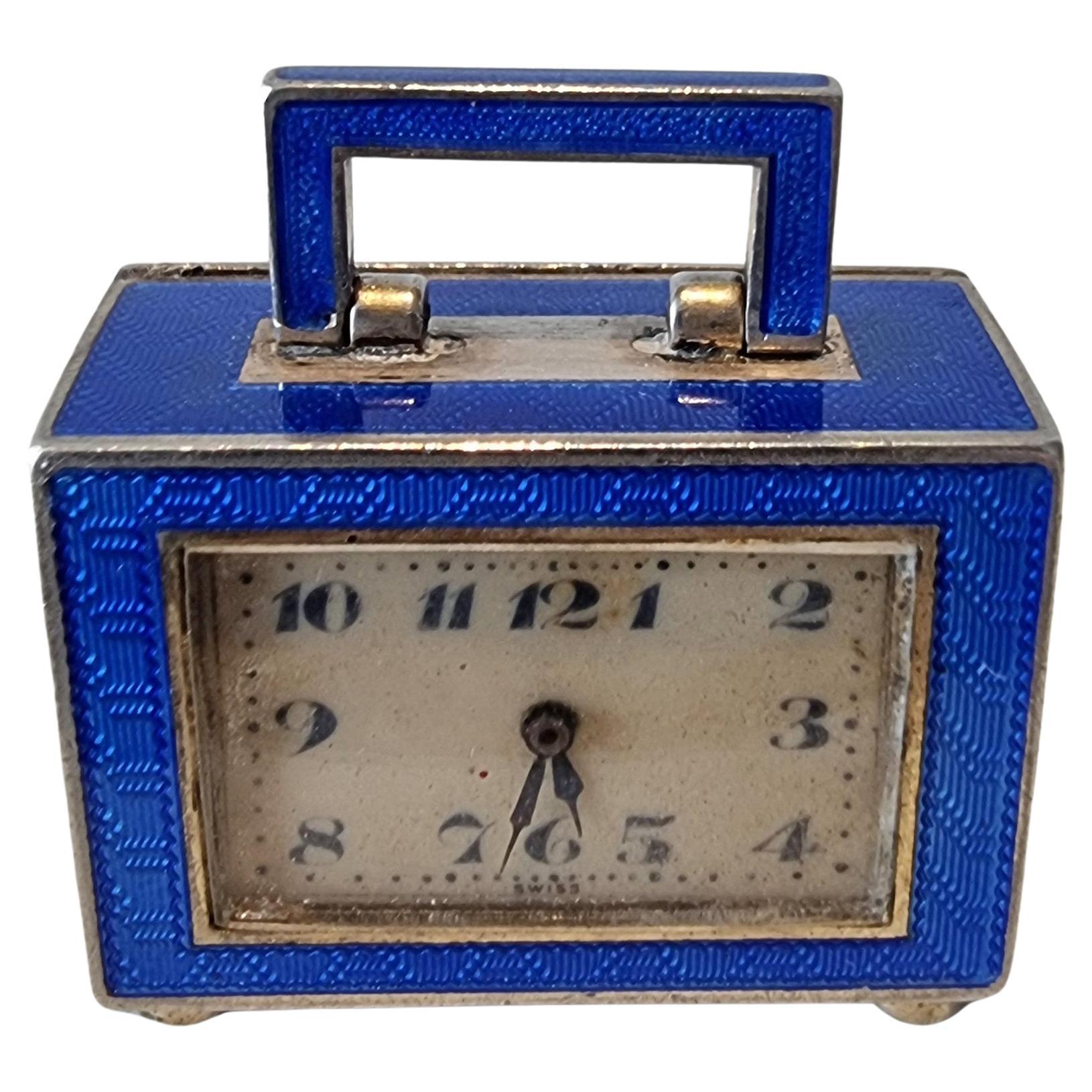 A Sub Miniature Silver and Blue Guilloche enamel Carriage Clock in Case ...
