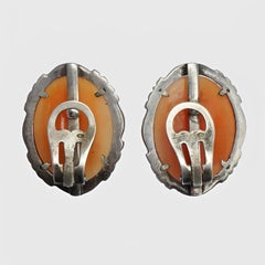 Silver and Carved Shell Cameo Clip On Earrings with Marcasites