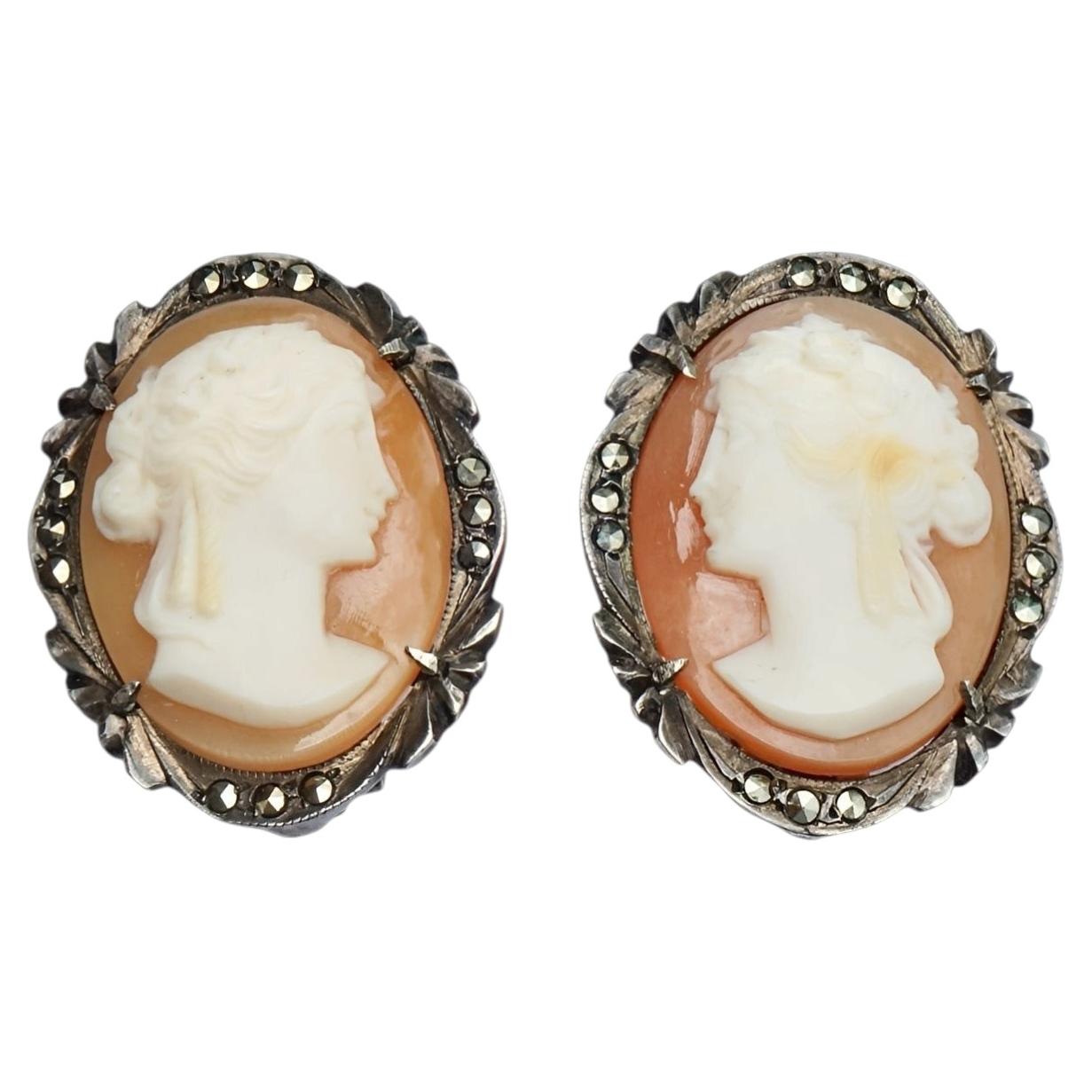 Silver and Carved Shell Cameo Clip On Earrings with Marcasites