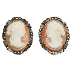 Silver and Carved Shell Cameo Clip On Earrings with Marcasites
