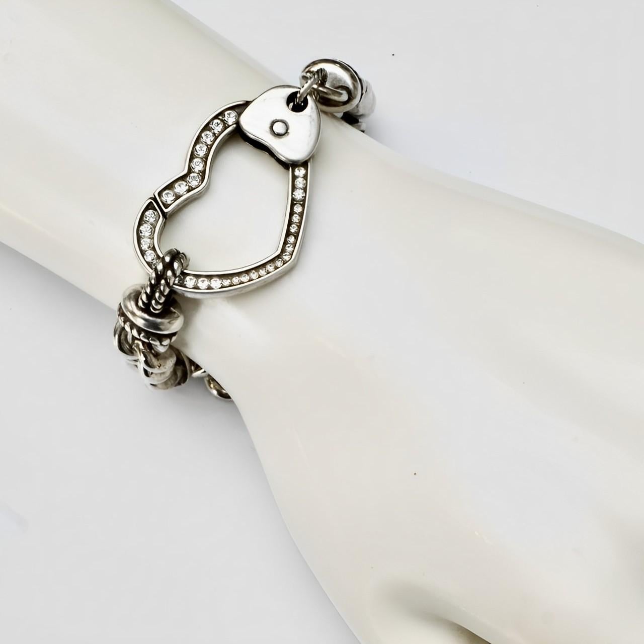 Silver and Clear Rhinestones Curb Link Bracelet with a Large Heart Clasp For Sale 3