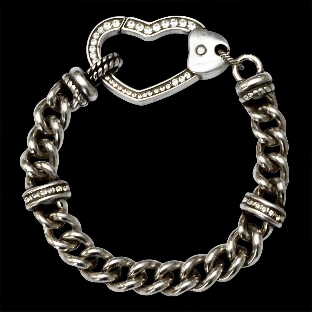 Silver and Clear Rhinestones Curb Link Bracelet with a Large Heart Clasp For Sale 4