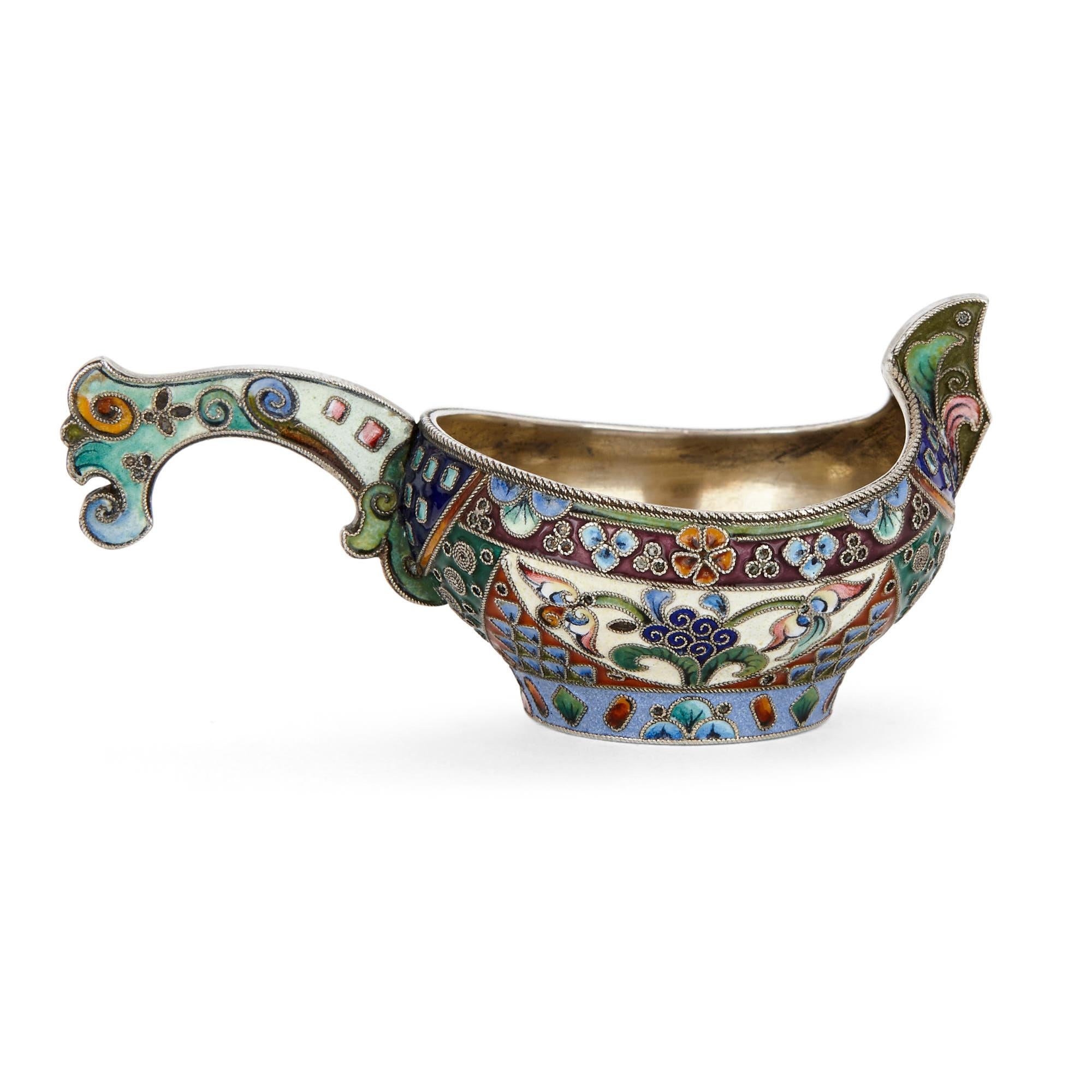 Originally a functional drinking vessel, a Kovsh is now largely a luxury ornament and a means by which a skilled artisan can demonstrate his or her craftsmanship. This is the case with this Kovsh, which was produced by the 26th Artel in Moscow in