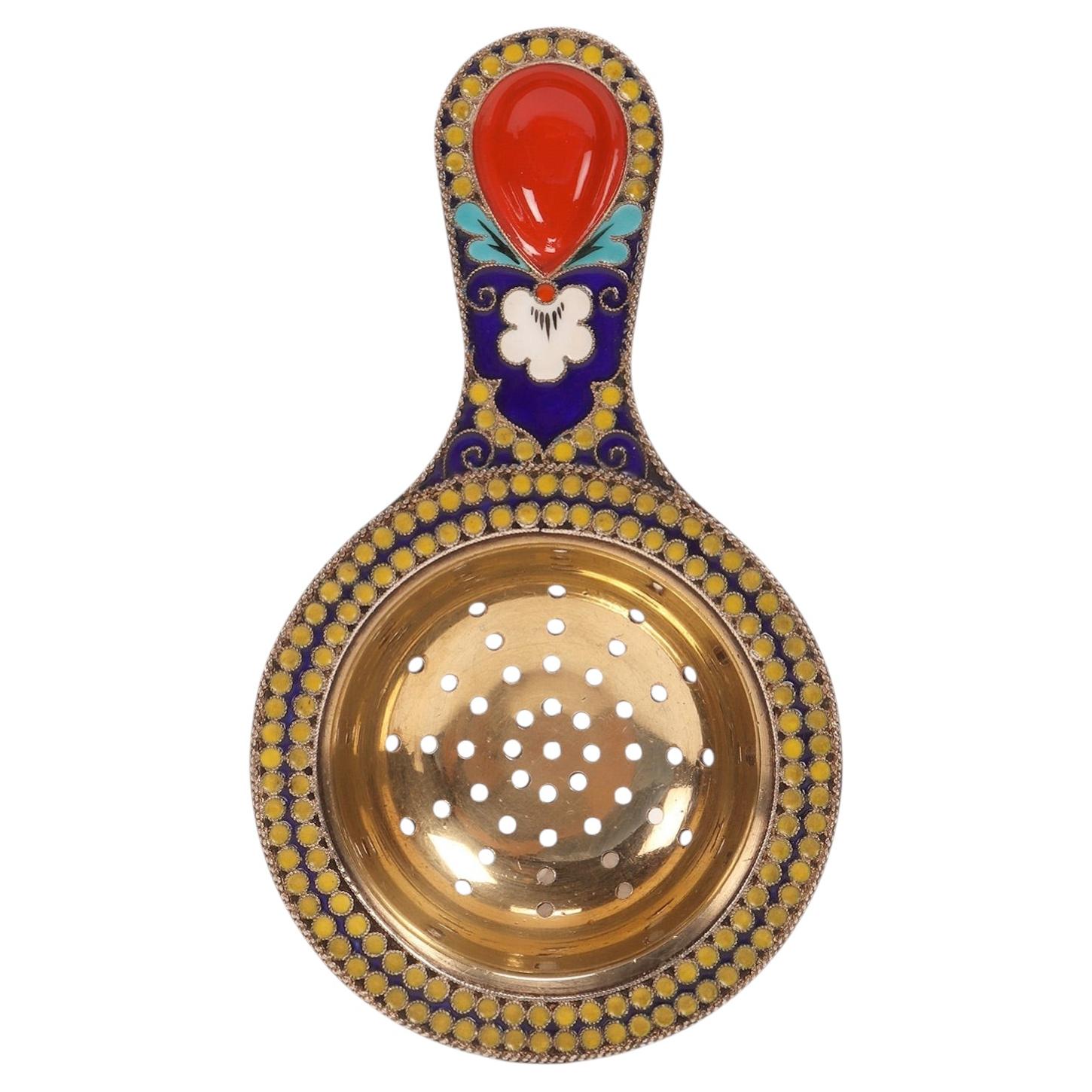 Silver and cloisonné enamels tea strainer, Soviet Union 1940. For Sale