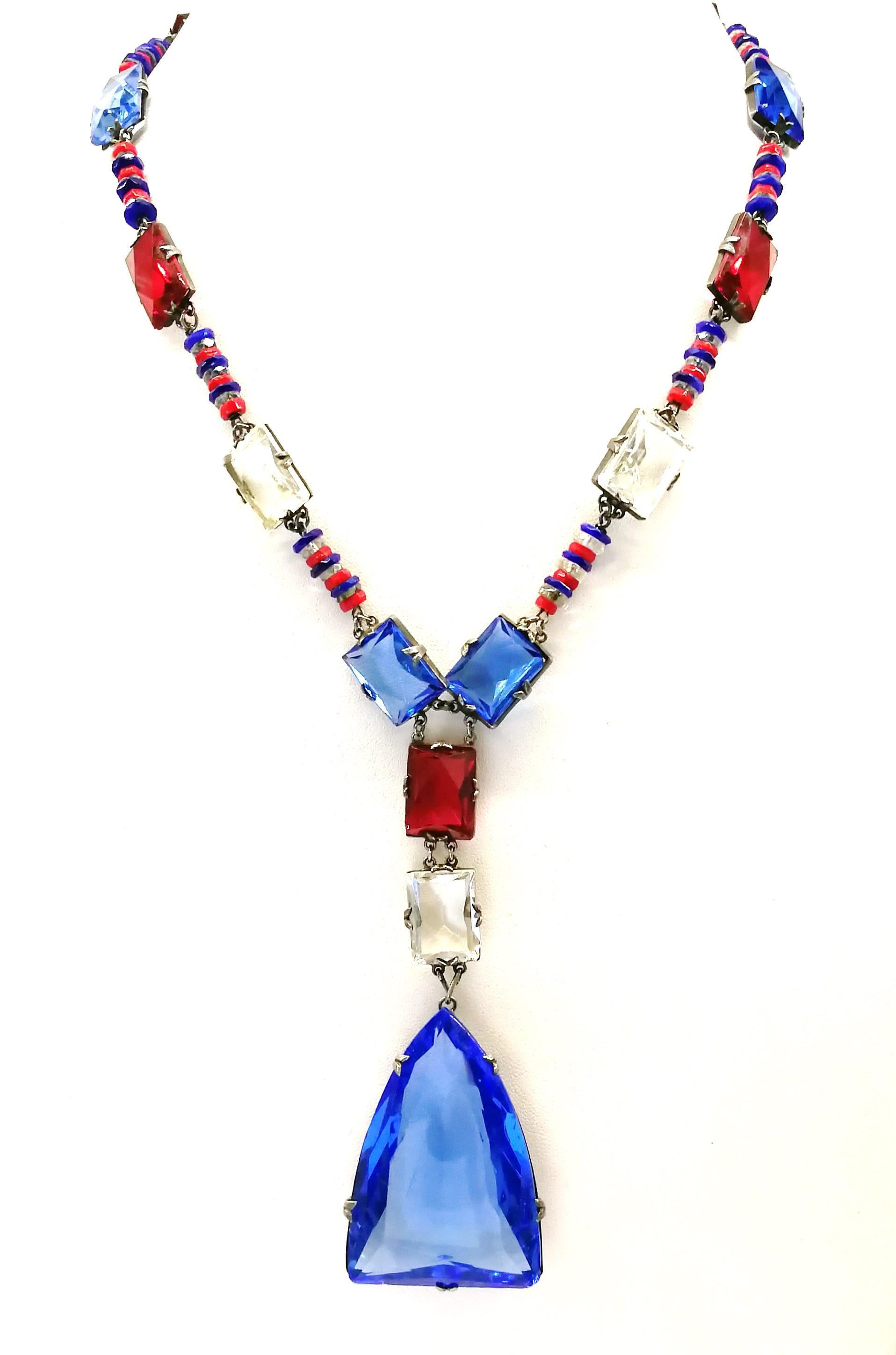 Art Deco Silver and coloured faceted glass sautoir necklace, France, 1920s