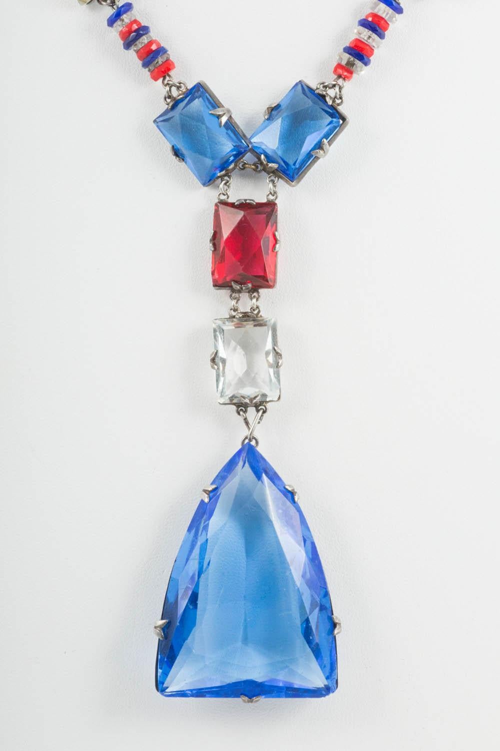 Silver and coloured faceted glass sautoir necklace, France, 1920s In Good Condition In Greyabbey, County Down