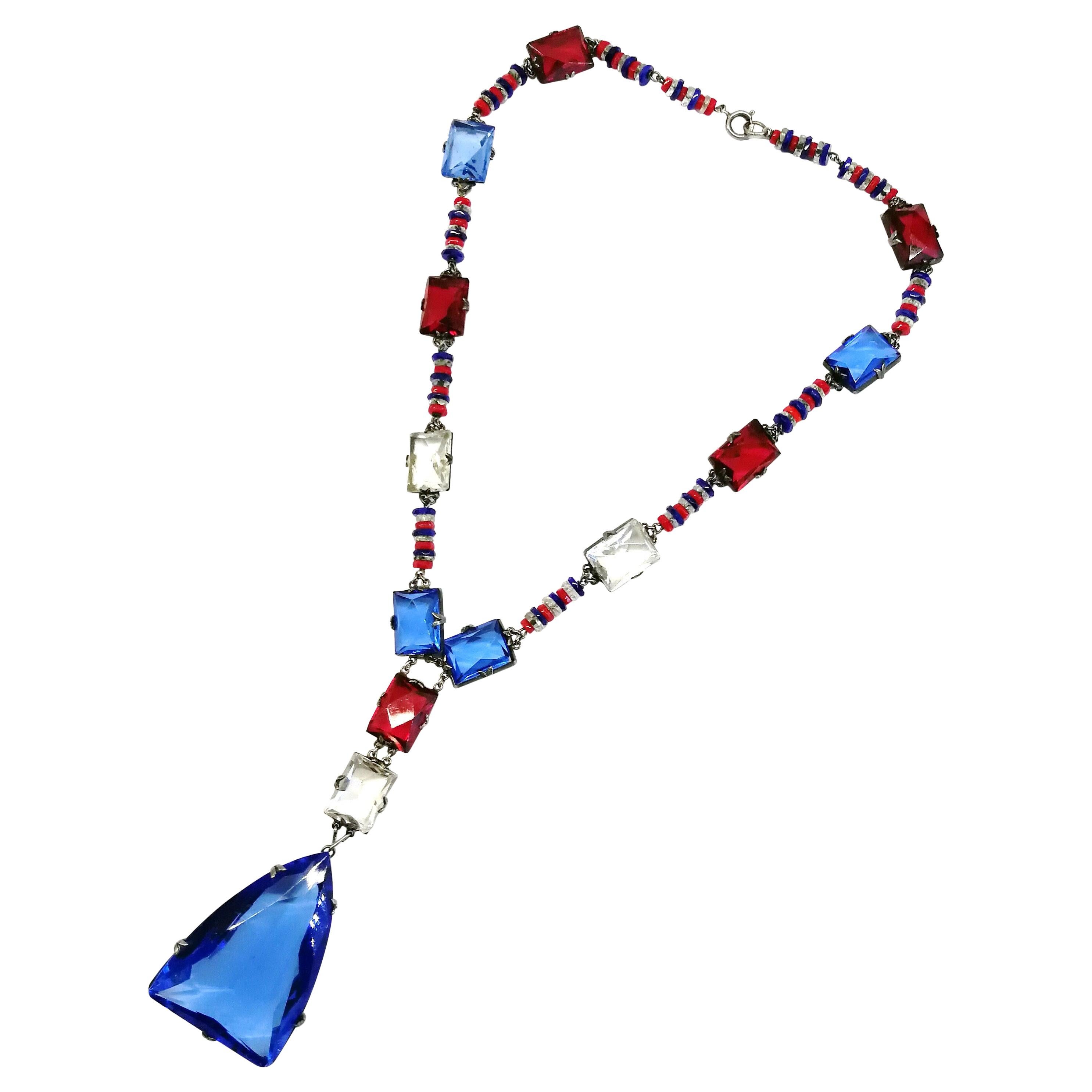 Silver and coloured faceted glass sautoir necklace, France, 1920s