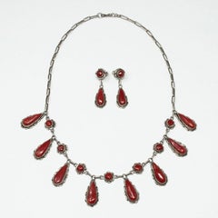 Silver and Coral Necklace and Earrings by Alvina Quam, Zuni jeweler