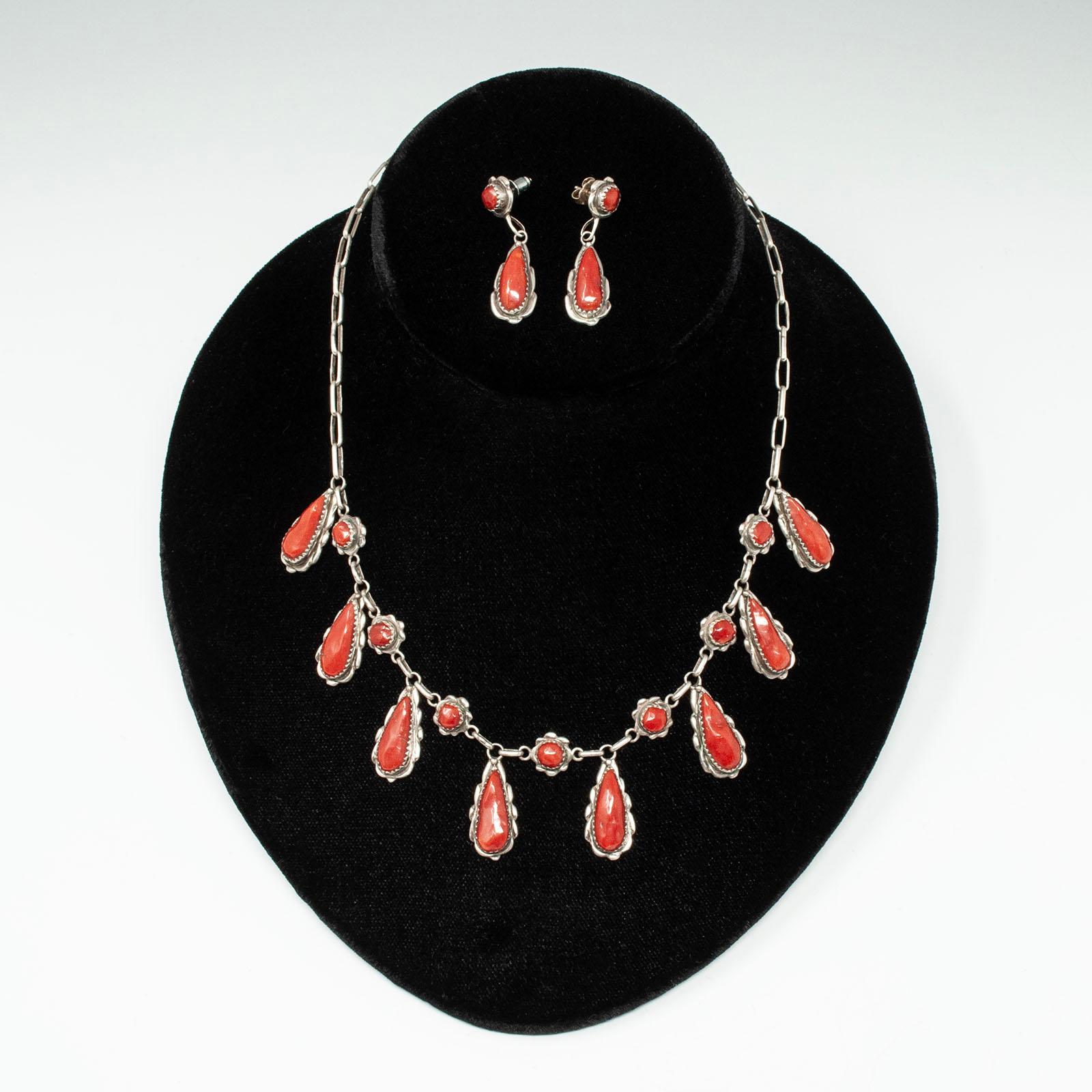 Artisan Silver and Coral Necklace and Earrings by Alvina Quam, Zuni jeweler For Sale