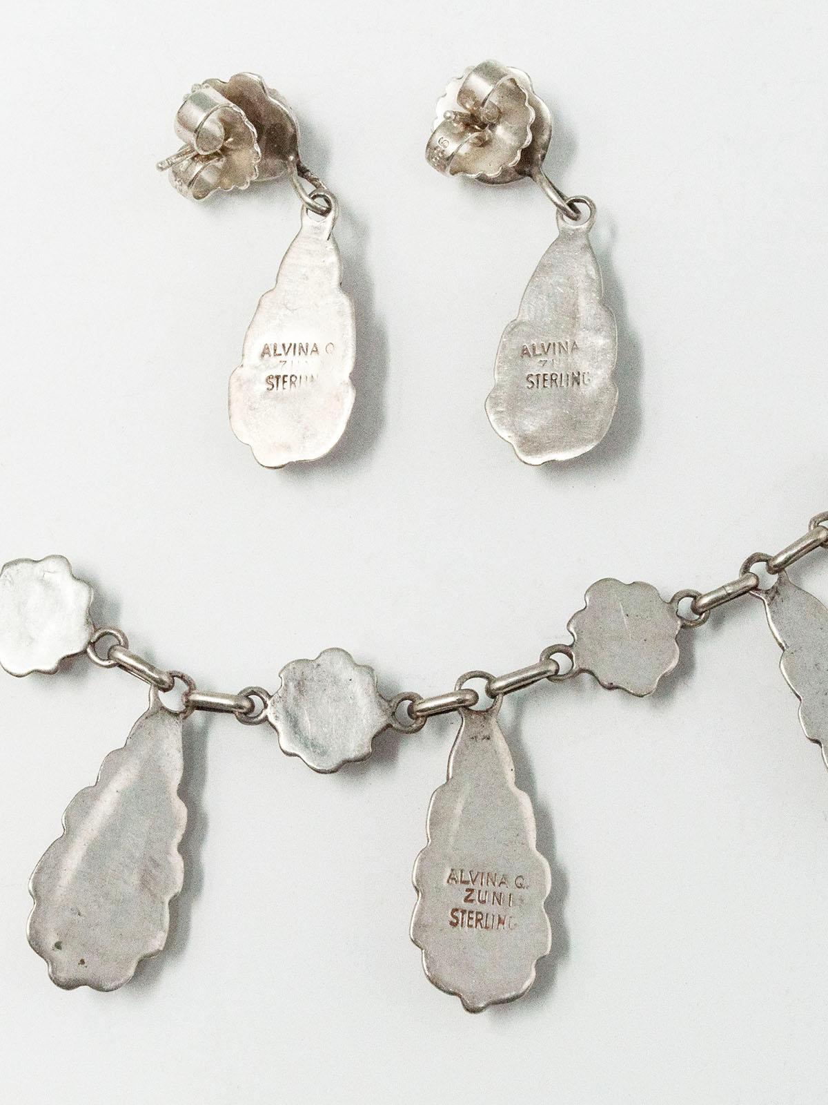 Women's Silver and Coral Necklace and Earrings by Alvina Quam, Zuni jeweler For Sale