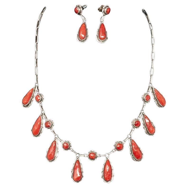 Silver and Coral Necklace and Earrings by Alvina Quam, Zuni jeweler For Sale