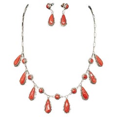 Silver and Coral Necklace and Earrings by Alvina Quam, Zuni jeweler