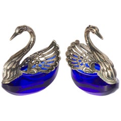 Silver and Crystal Glass Swann Salts Cobalt Blue Pair