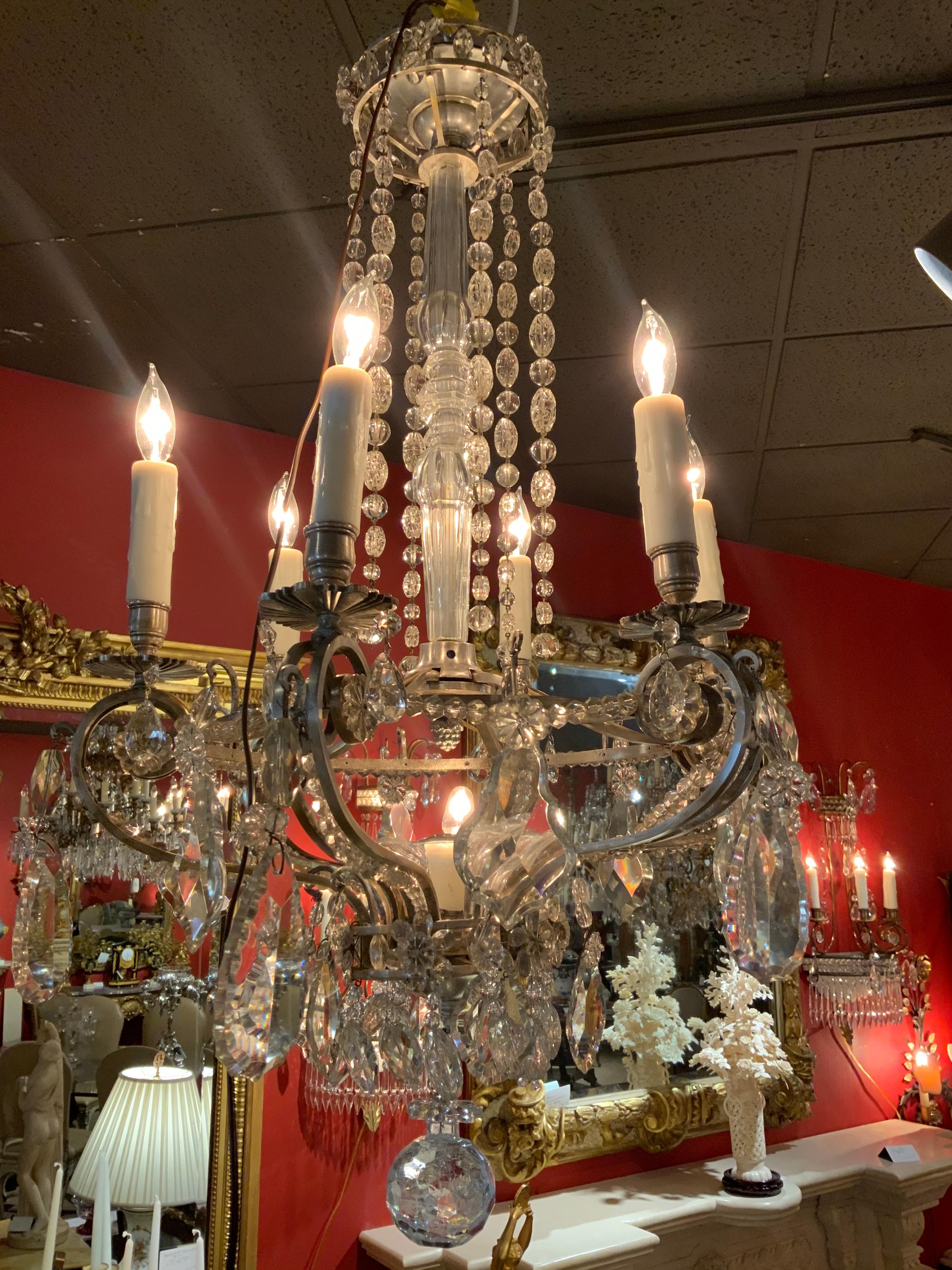 Silver and Crystal Seven-Light Chandelier with Crystal Post, French In Good Condition For Sale In Houston, TX
