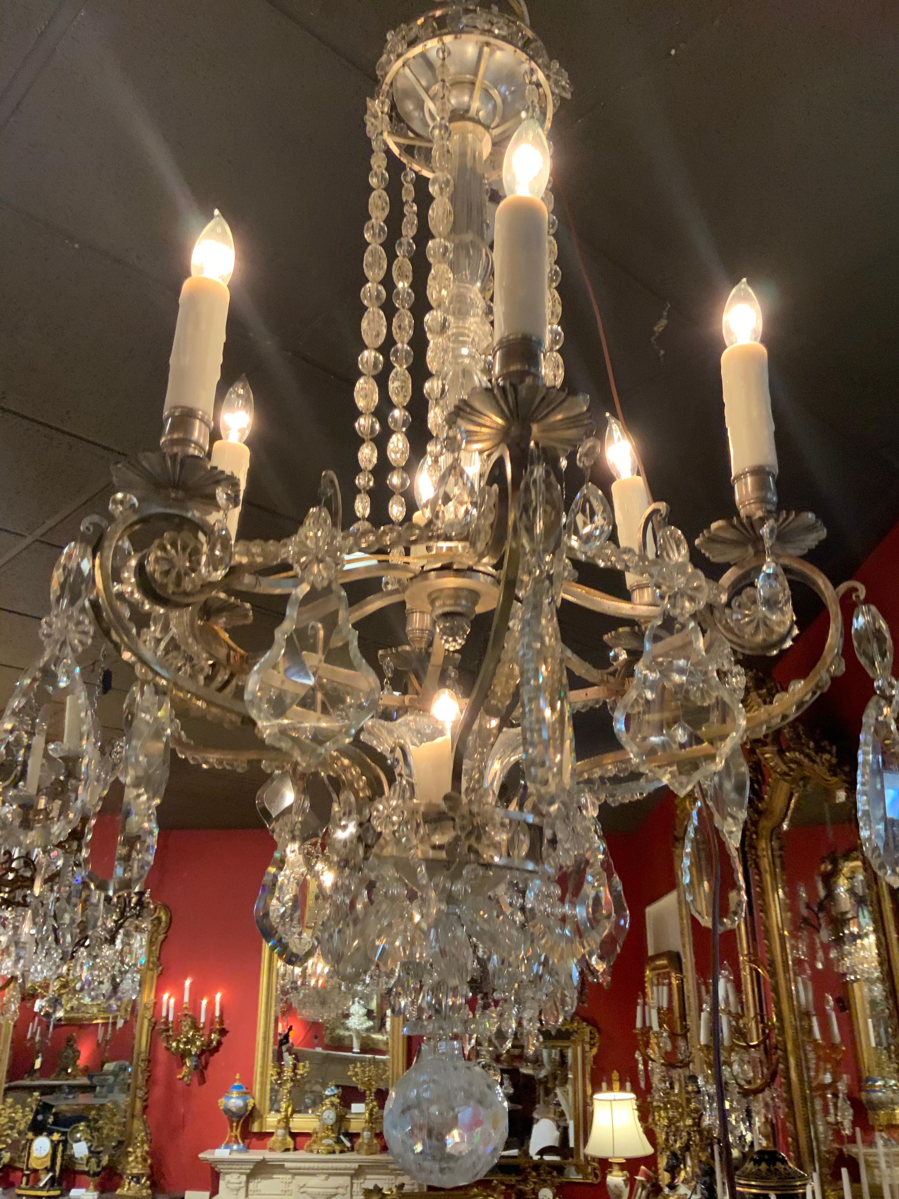 20th Century Silver and Crystal Seven-Light Chandelier with Crystal Post, French For Sale