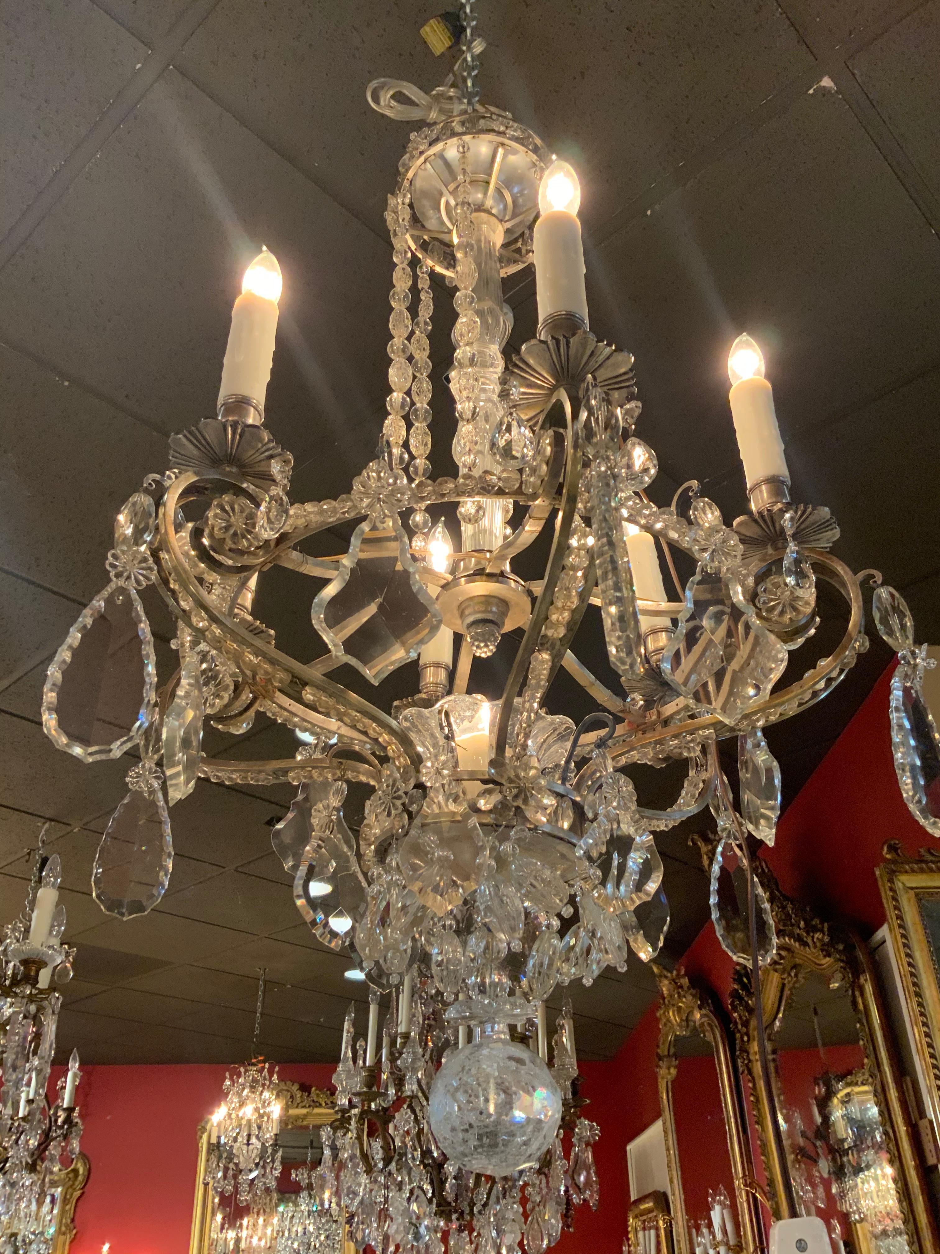 Silver and Crystal Seven-Light Chandelier with Crystal Post, French For Sale 2