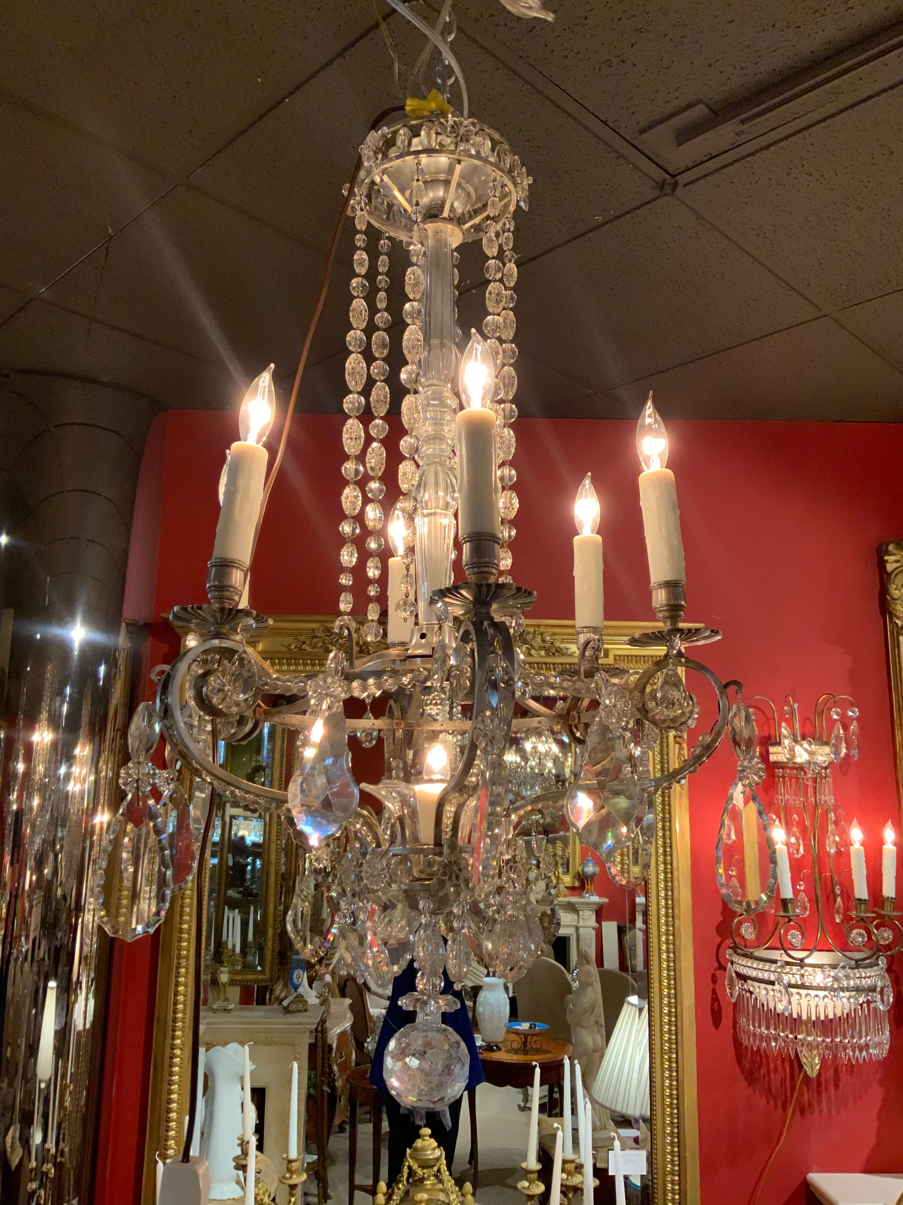Silver and Crystal Seven-Light Chandelier with Crystal Post, French For Sale 3