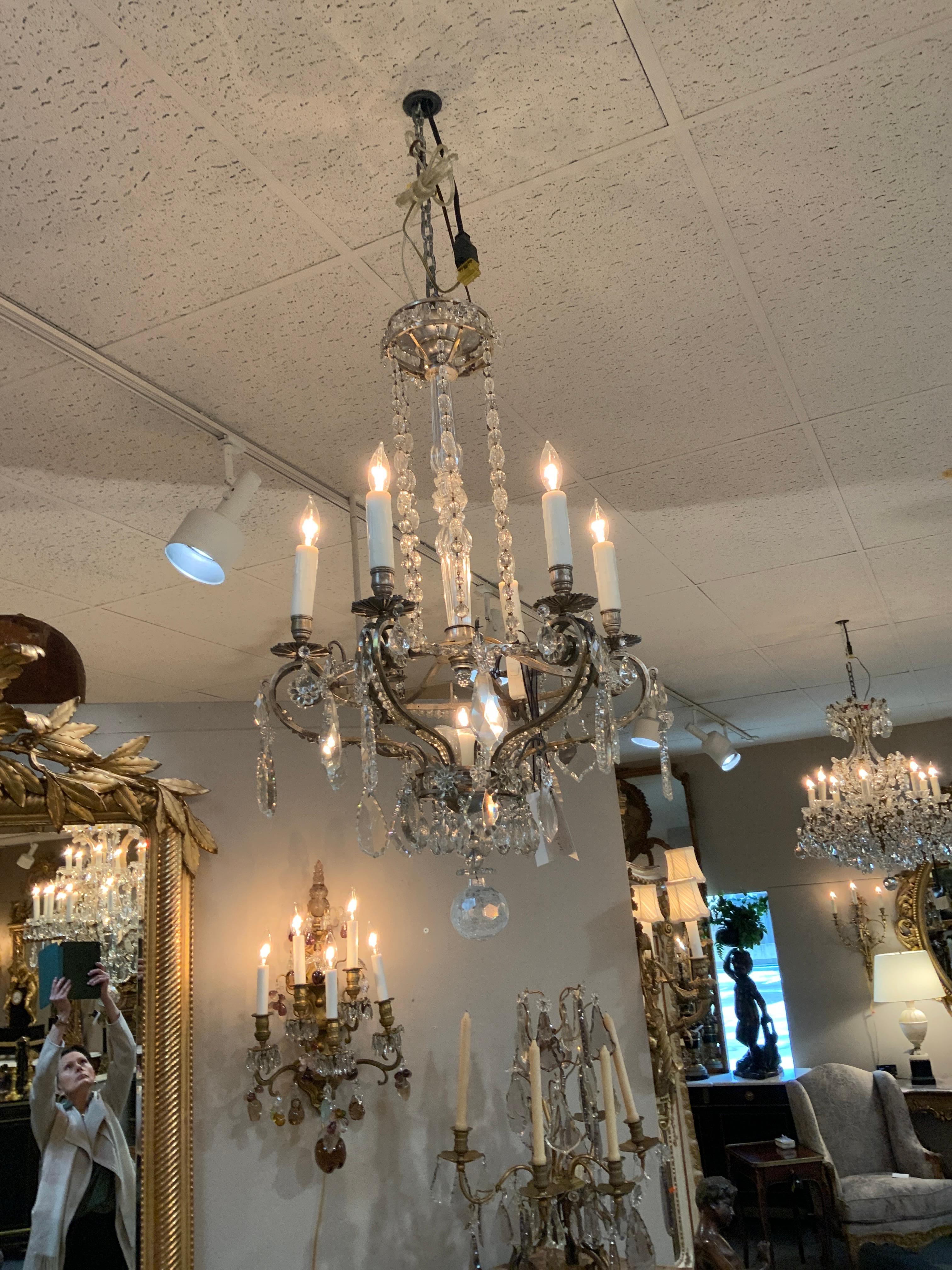 Lampadario a sette luci in argento e cristallo con montante in cristallo, francese in vendita 2