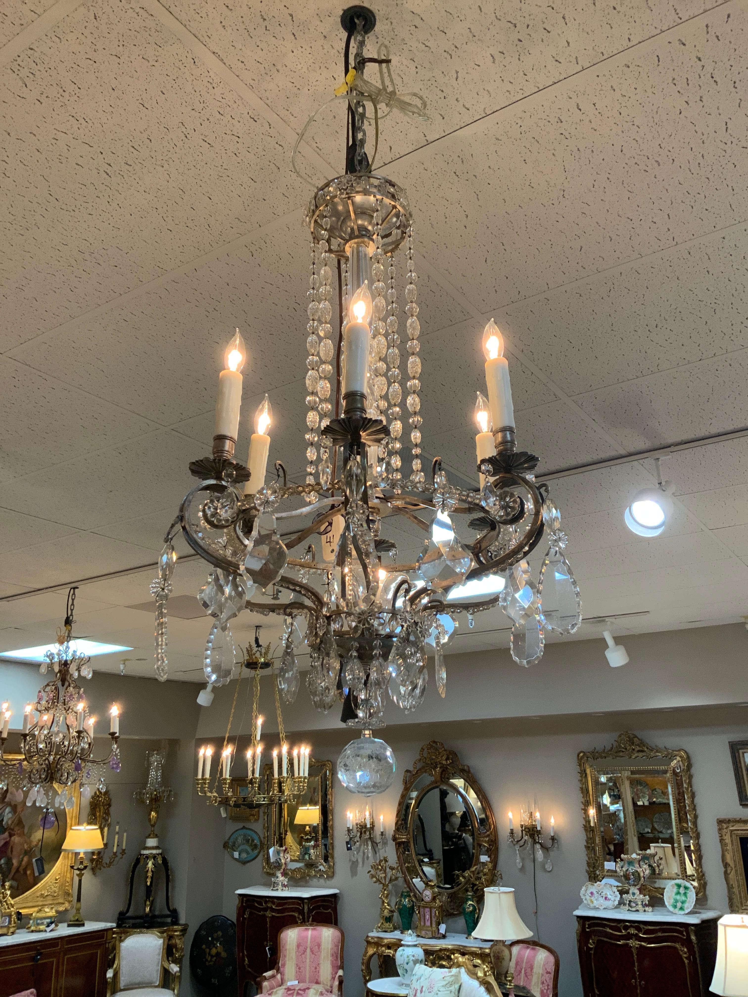 Lampadario a sette luci in argento e cristallo con montante in cristallo, francese in vendita 3