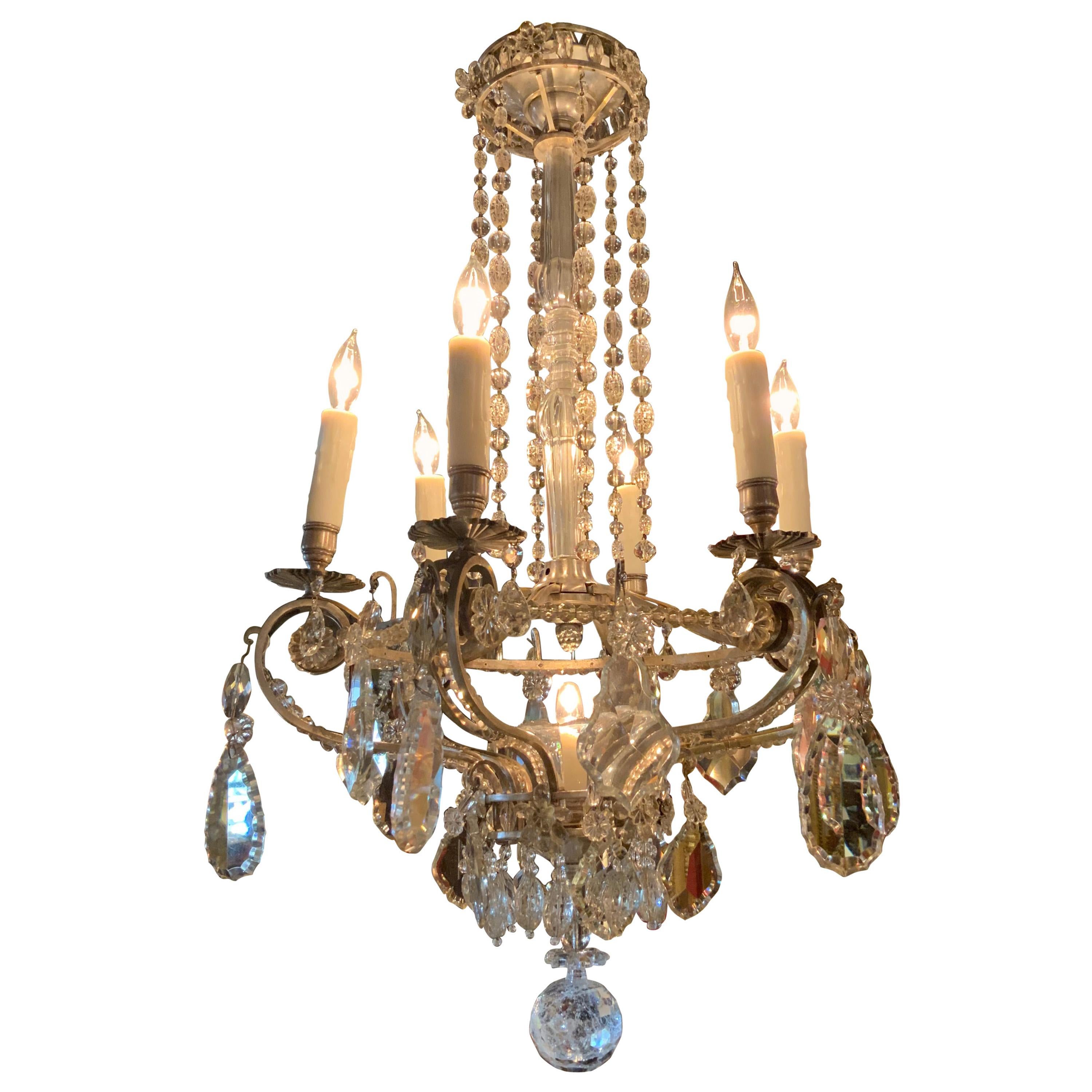 Silver and Crystal Seven-Light Chandelier with Crystal Post, French For Sale