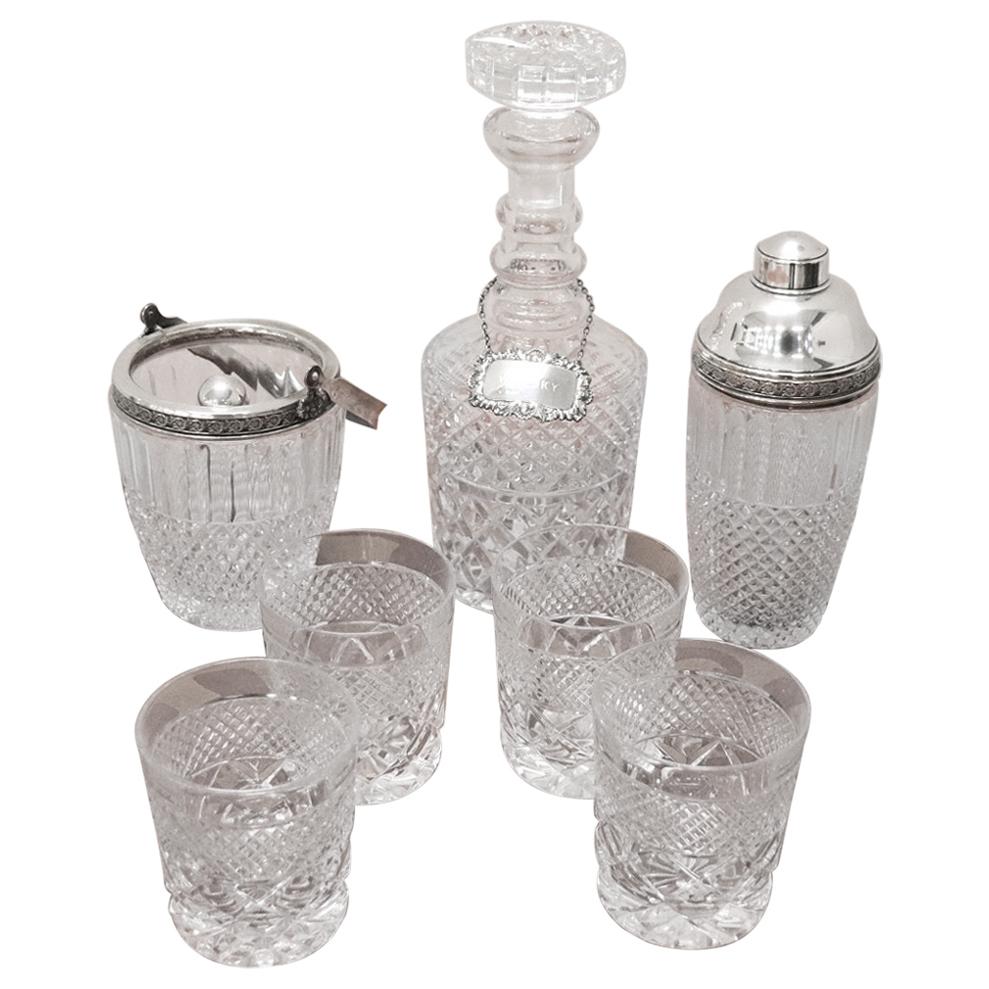 Silver and Crystals Whiskey Set with 4 Glasses 1 Shaker 1 Decanter 1 Ice Bucket