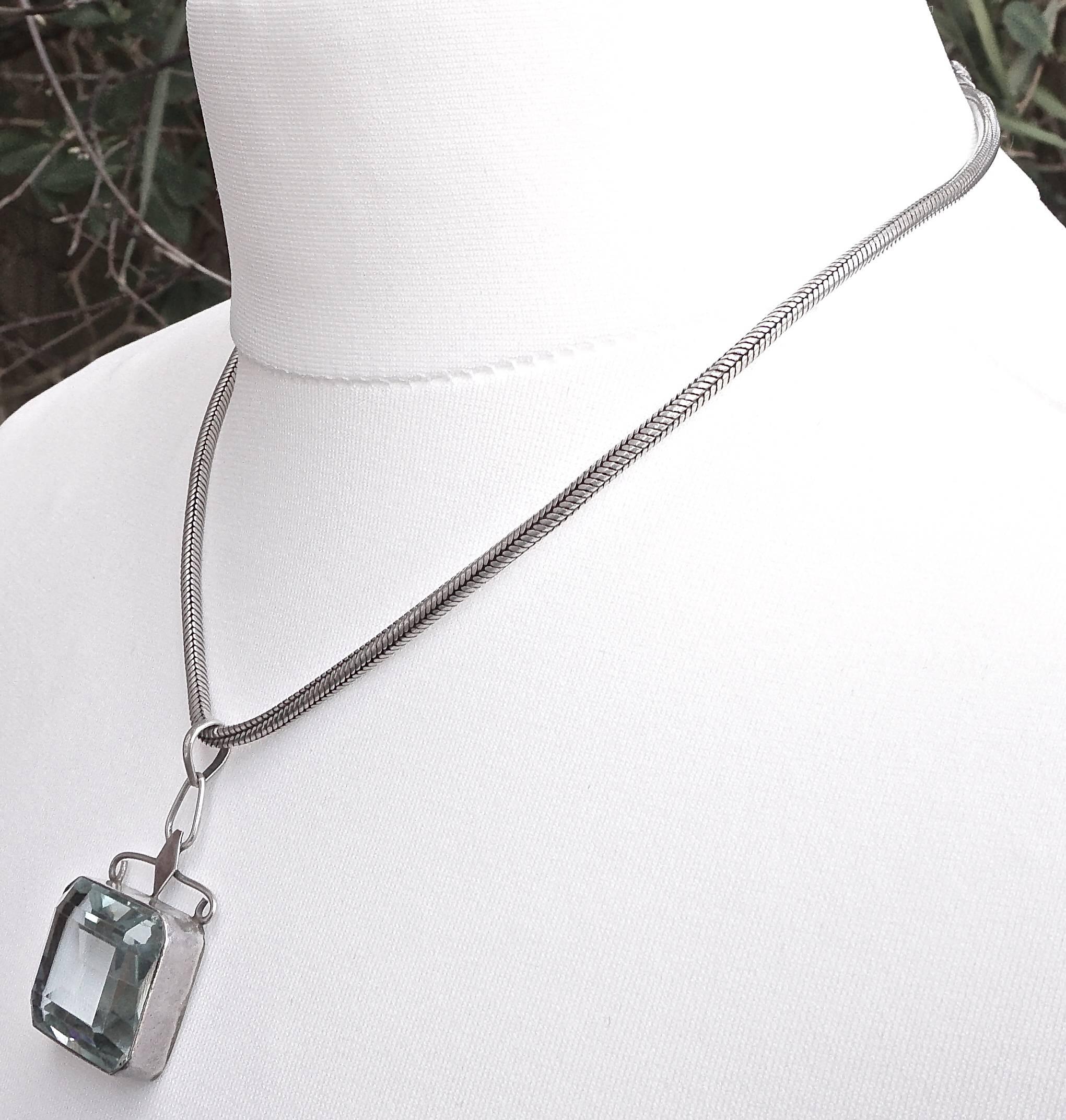 Silver and Emerald Cut Pale Aqua Glass Necklace Pendant, circa 1970s  In Good Condition In London, GB