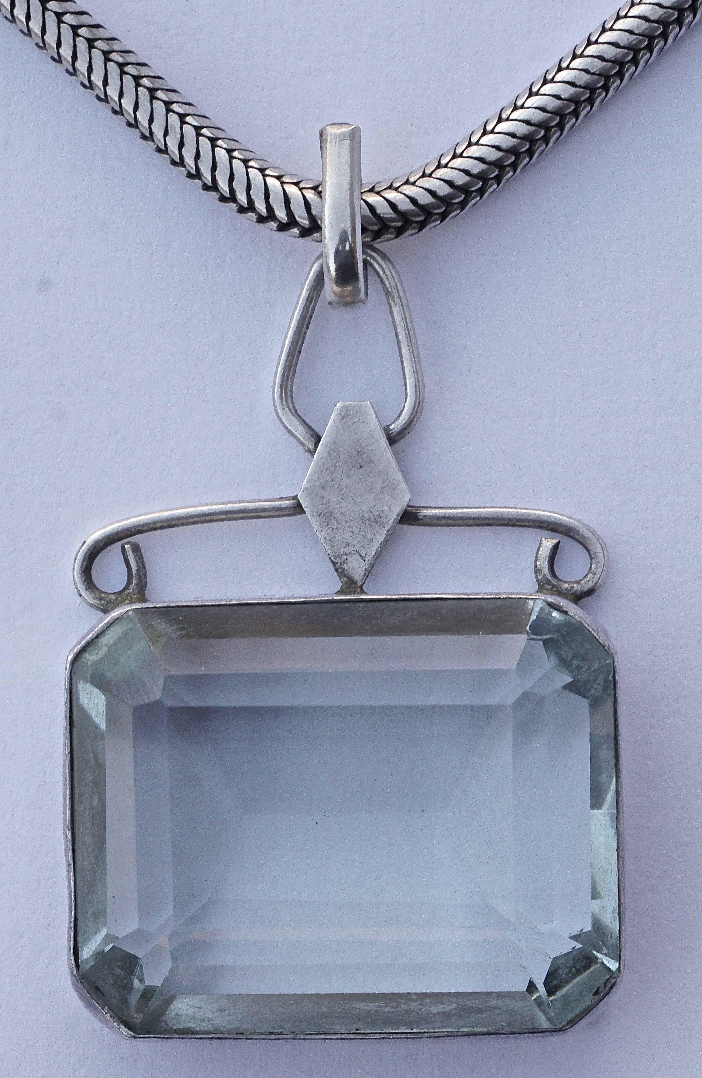 Silver and Emerald Cut Pale Aqua Glass Necklace Pendant, circa 1970s  1