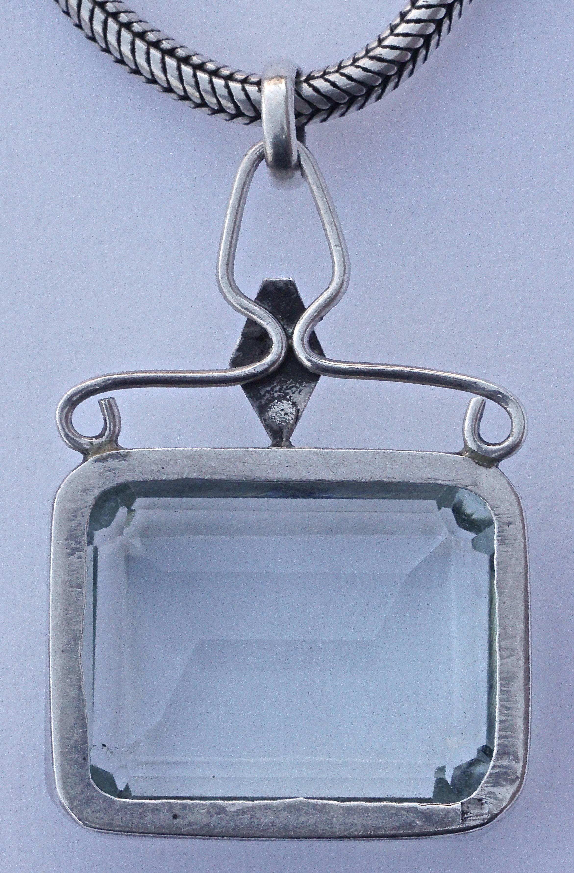 Silver and Emerald Cut Pale Aqua Glass Necklace Pendant, circa 1970s  2