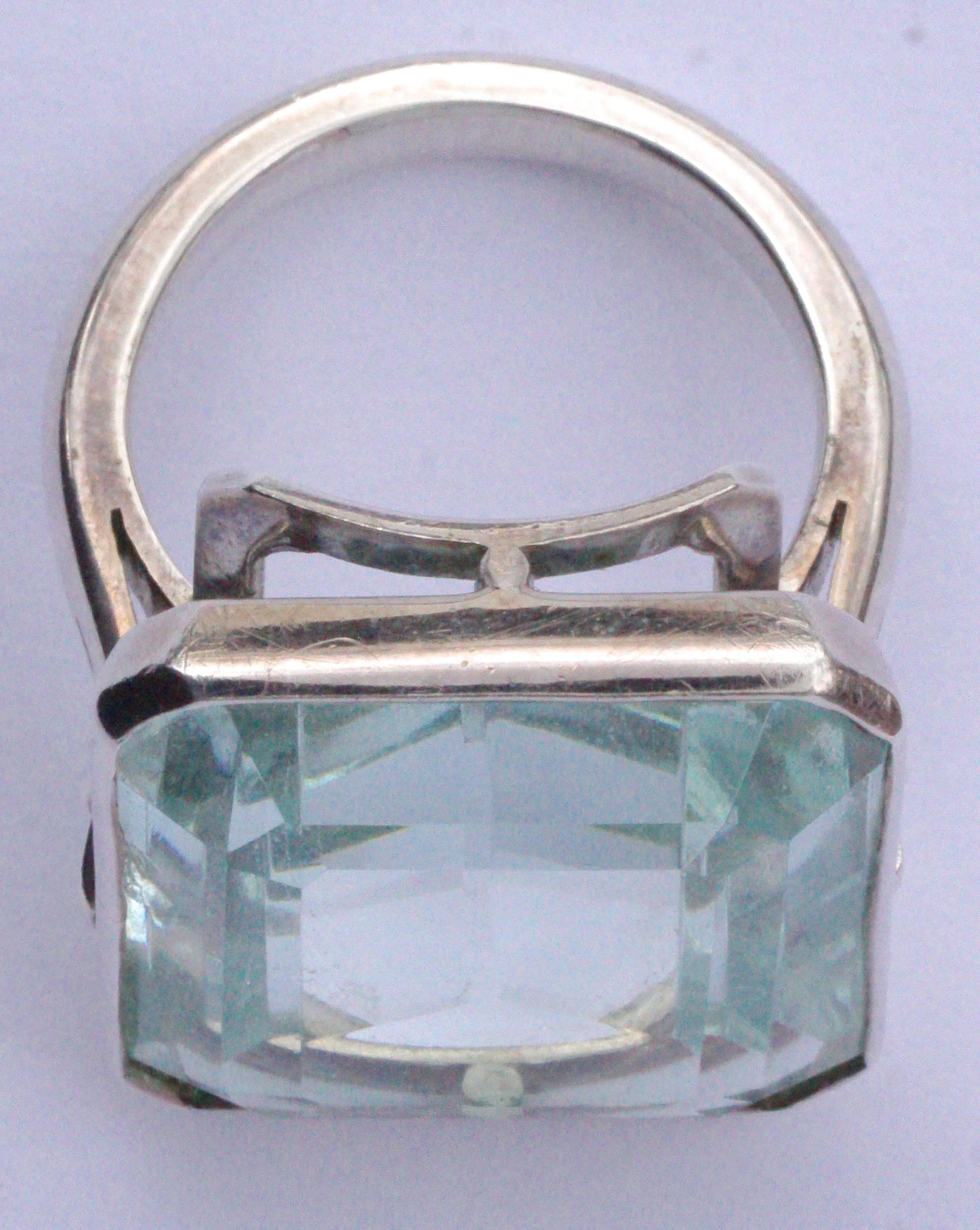 Silver and Emerald Cut Pale Aqua Glass Statement Ring, circa 1970s In Good Condition In London, GB
