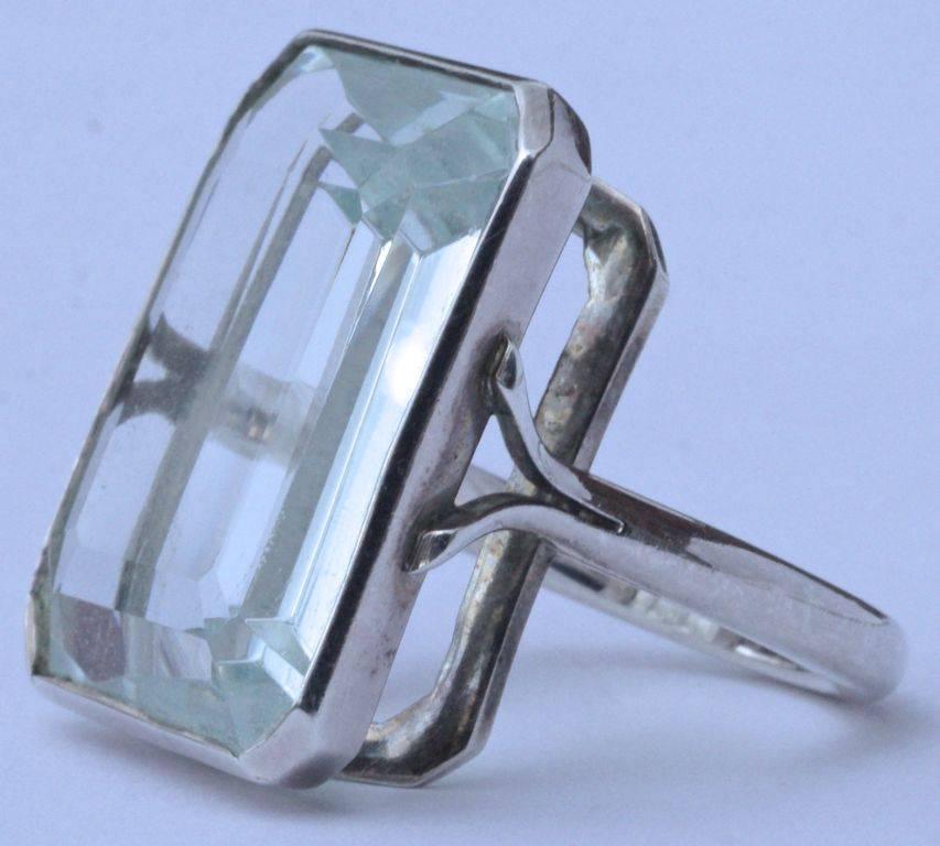 Women's or Men's Silver and Emerald Cut Pale Aqua Glass Statement Ring, circa 1970s