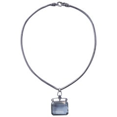 Silver and Emerald Cut Pale Aqua Glass Necklace Pendant, circa 1970s