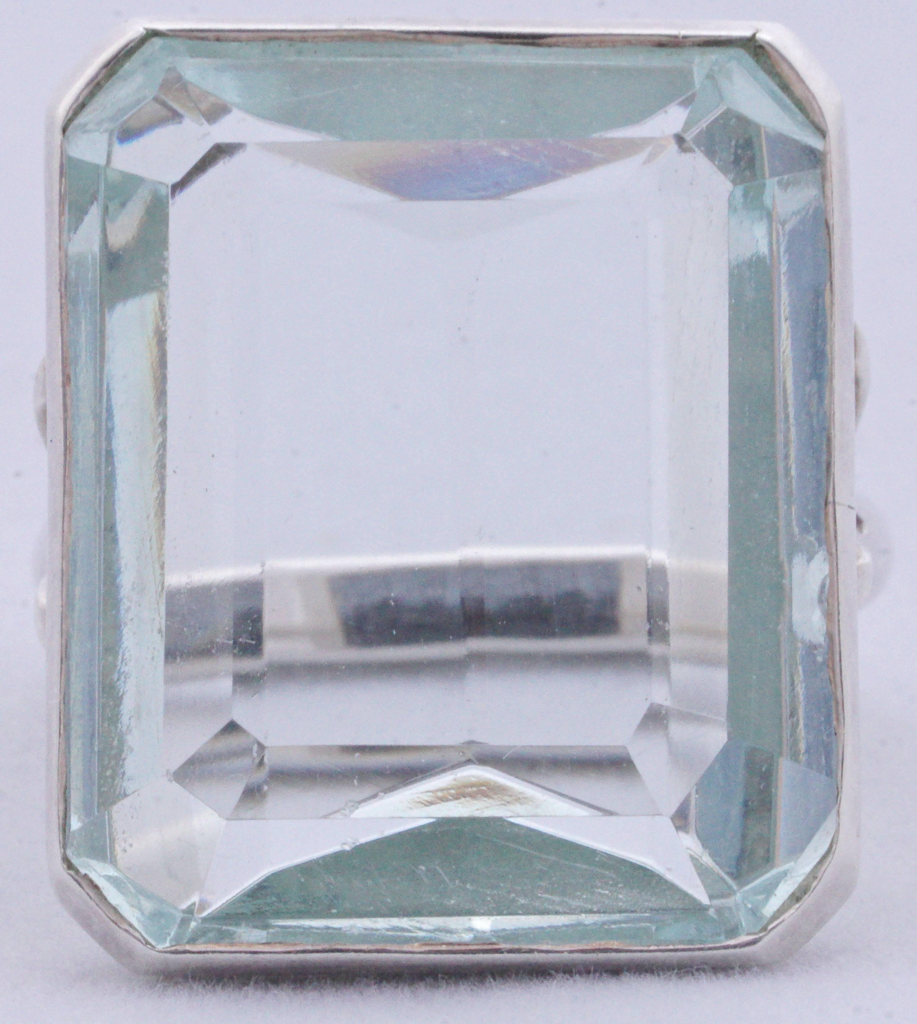 Silver and Emerald Cut Pale Aqua Glass Statement Ring, circa 1970s 1
