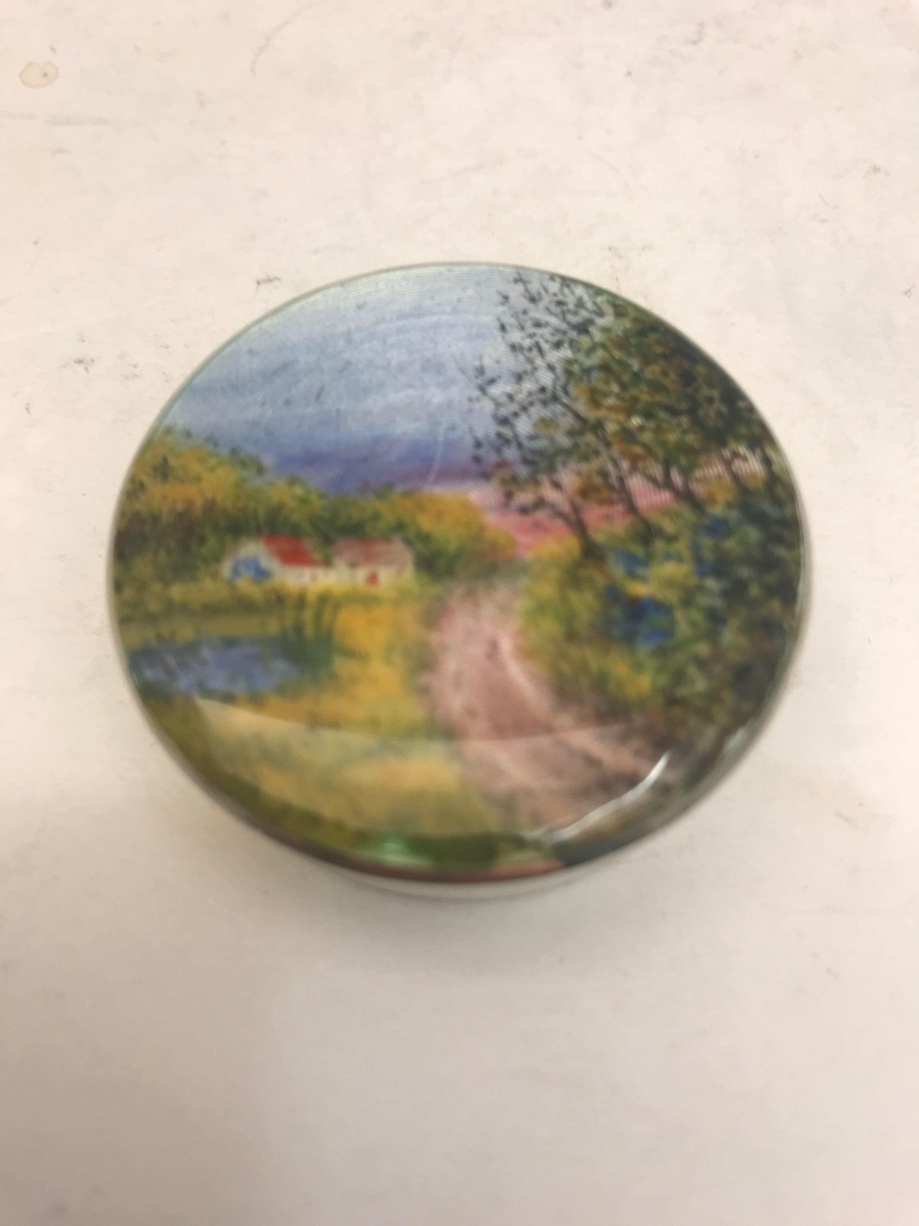 Art Deco Silver and Enamel Box with Country Scene on Lid