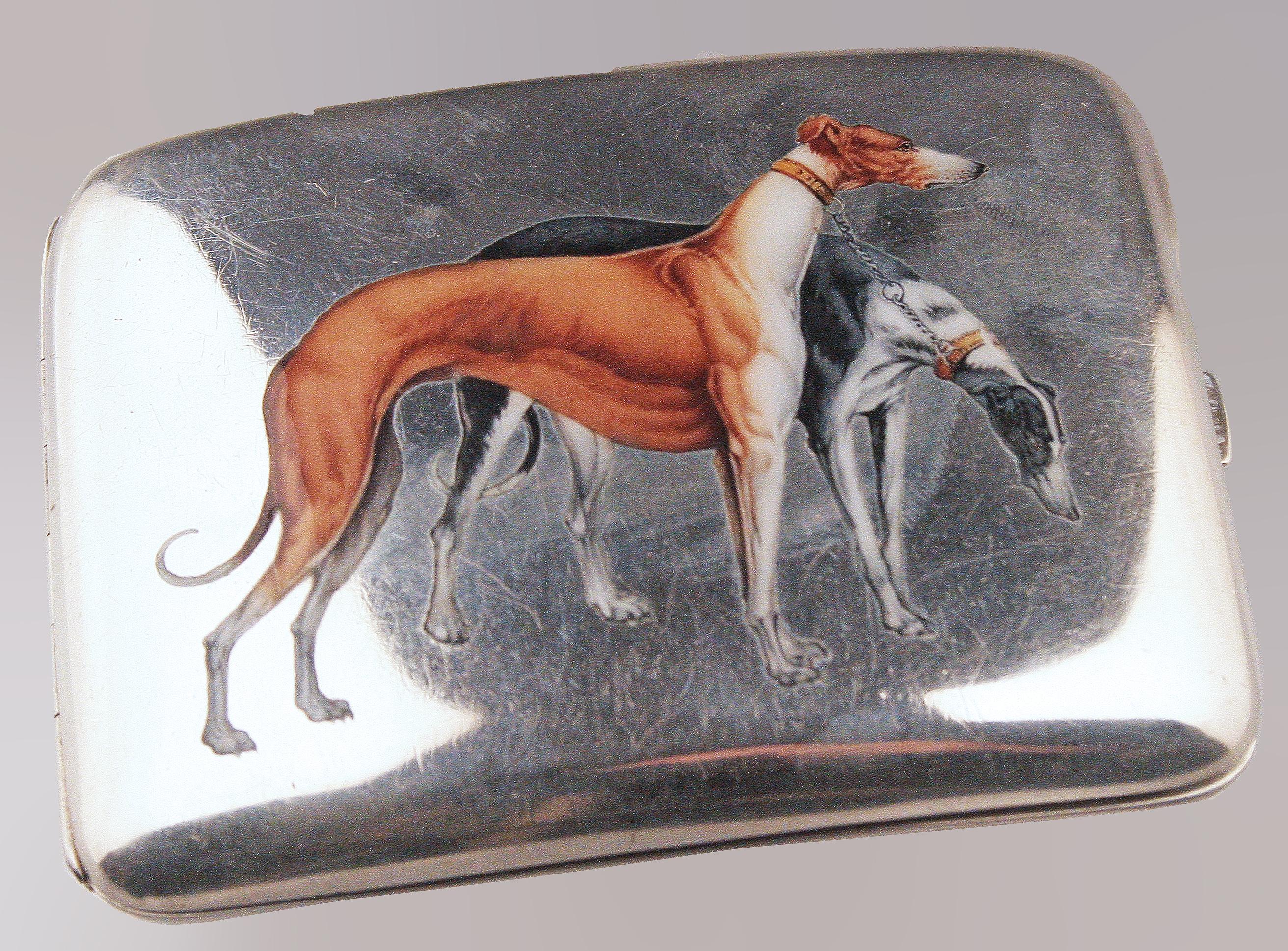 Silver and enamel ciagarette box
Enameled cigarette case with figure of greyhound dogs
Silver punch 800
Circa early 20th century Origin Italy
Excellent condition
has some wear from use
small stripes on the back cover
The greyhound (from the Latin