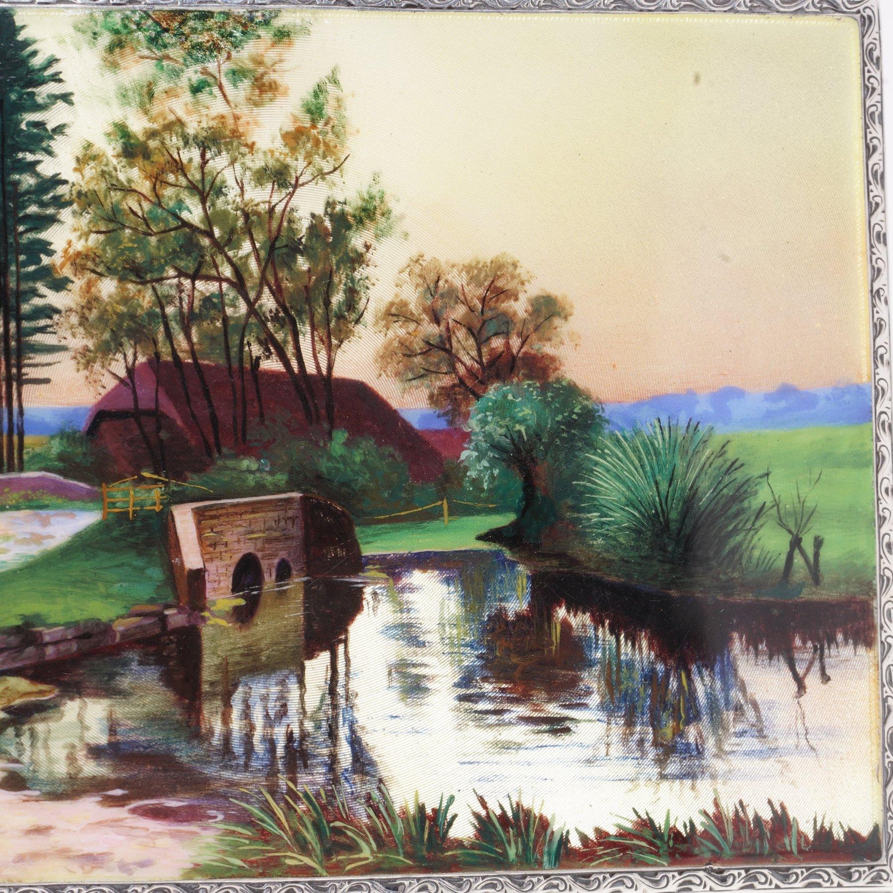 Cigarrera de plata y esmalte con paisaje, 1900 en Bueno estado para la venta en Braintree, GB