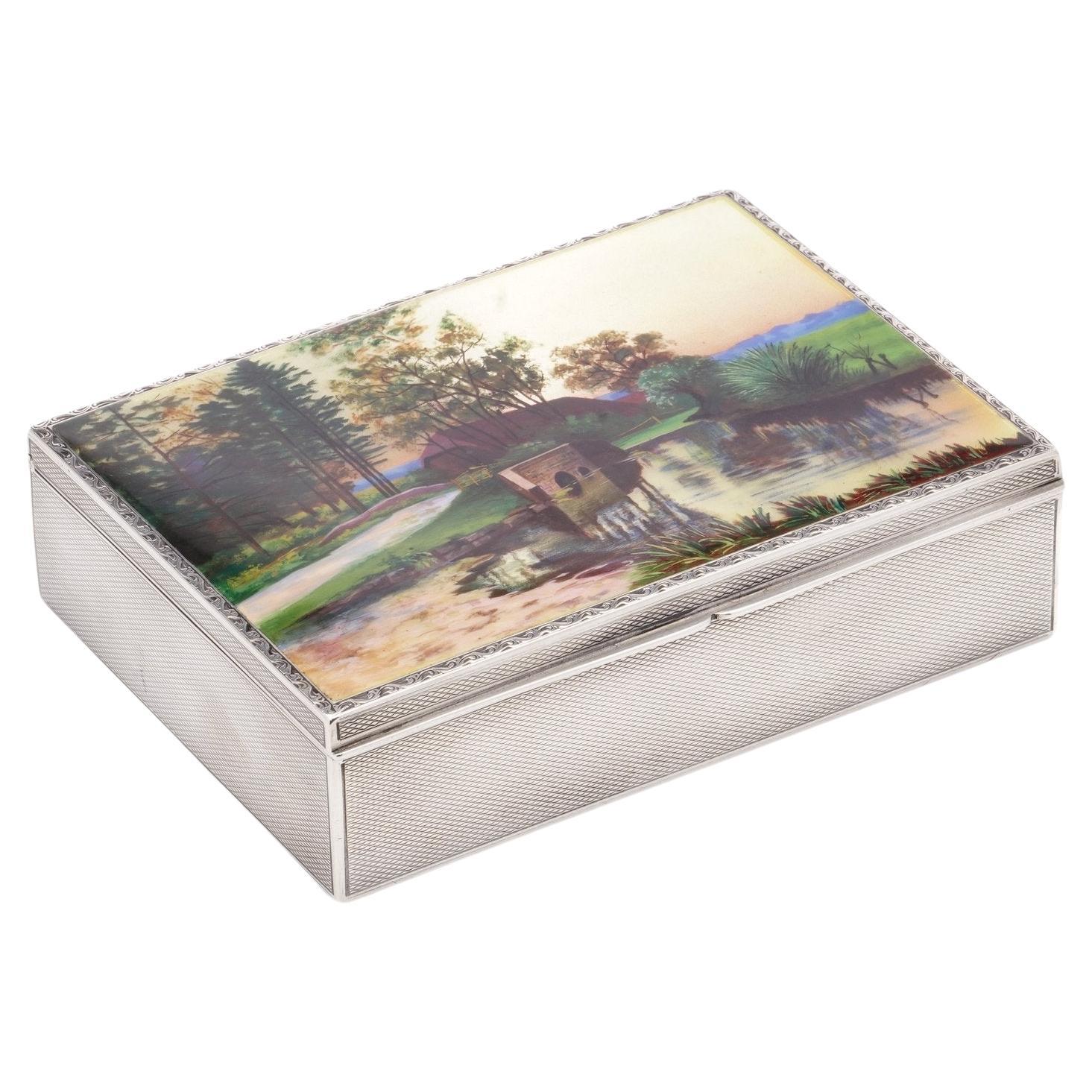 Silver and enamel cigarette box with landscape scenery, 1900s