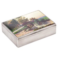 Antique Silver and enamel cigarette box with landscape scenery, 1900s 