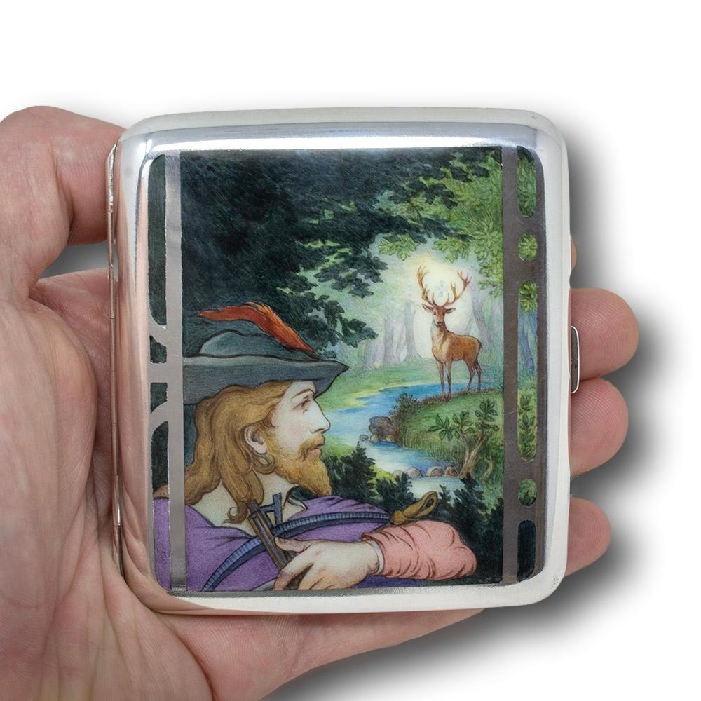 Hallmarked 

From our Silver collection, we are delighted to offer this Art Nouveau Silver and Enamel Cigarette Case from Vienna, Austria. The Silver and Enamel Cigarette Case of stunning Art Nouveau design with a central enamel scene depicting the