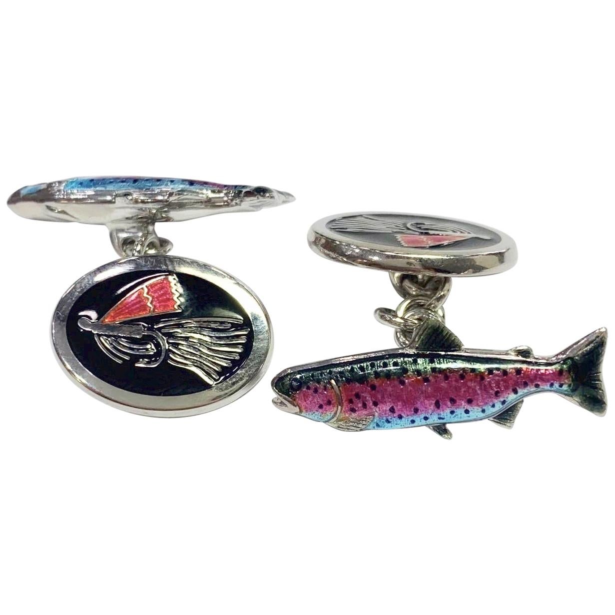 Silver and Enamel Fly Fishing Chain Cufflinks For Sale at 1stdibs