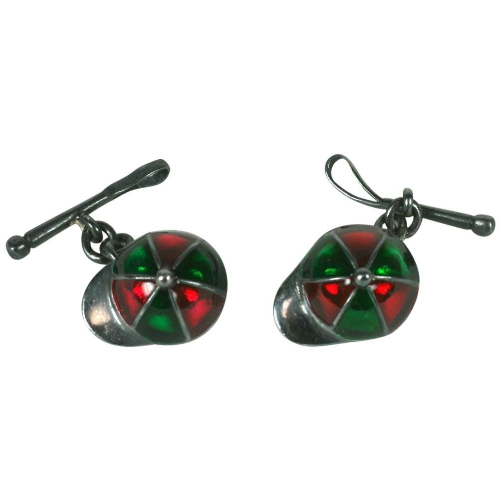 Silver and Enamel Jockey Cufflinks For Sale