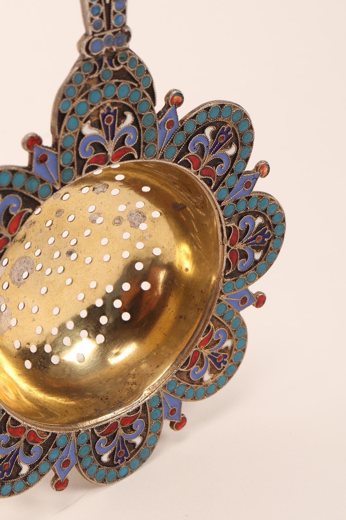 19th Century Silver and Enamels Tea Strainer, Moscow, 1884 For Sale
