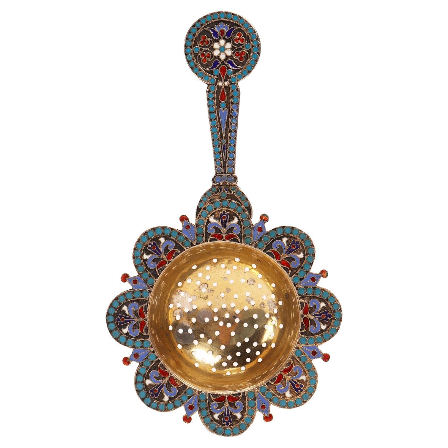 Silver and Enamels Tea Strainer, Moscow, 1884 For Sale