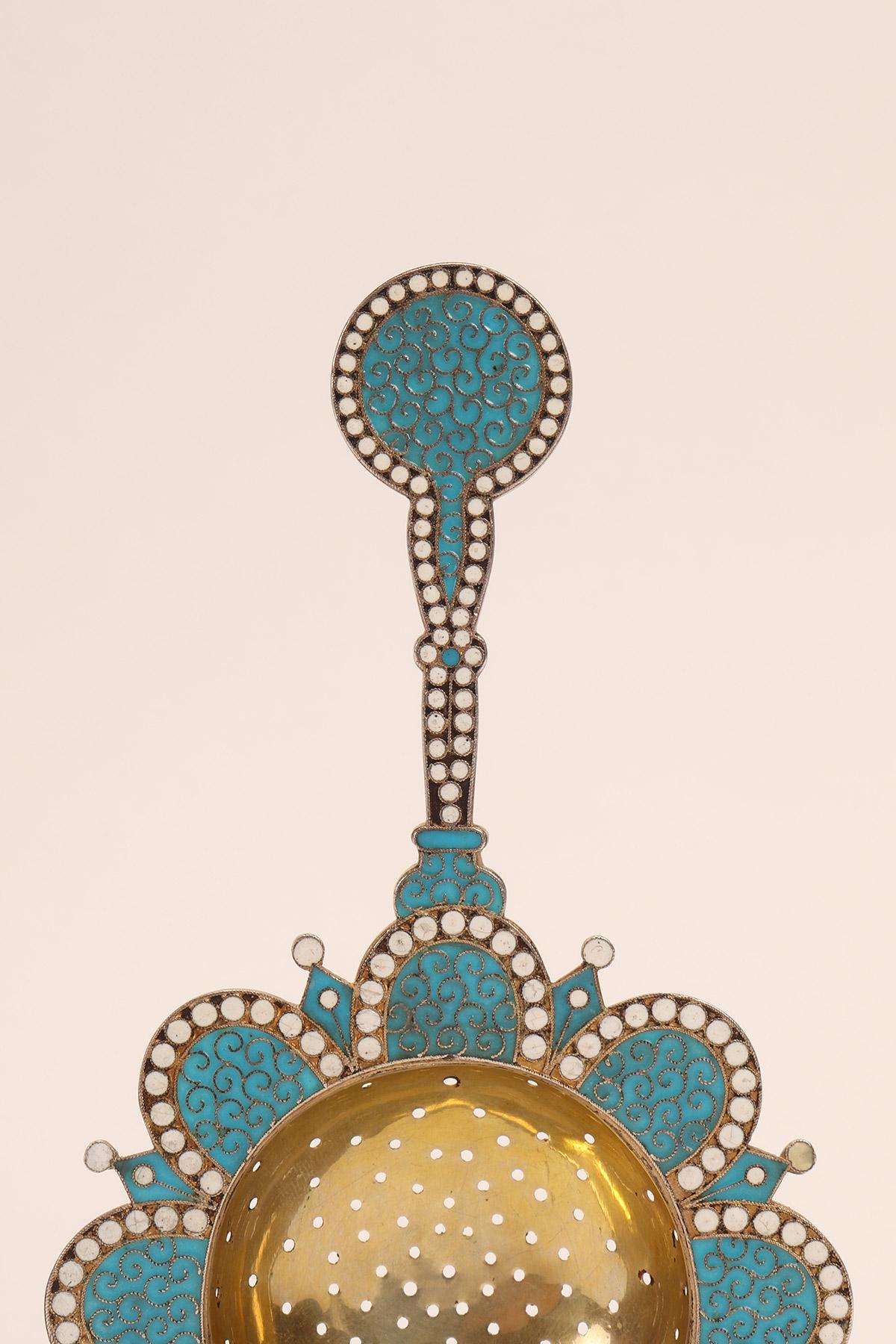Russian Silver and Enamels Tea Strainer, Moscow, 1896 For Sale