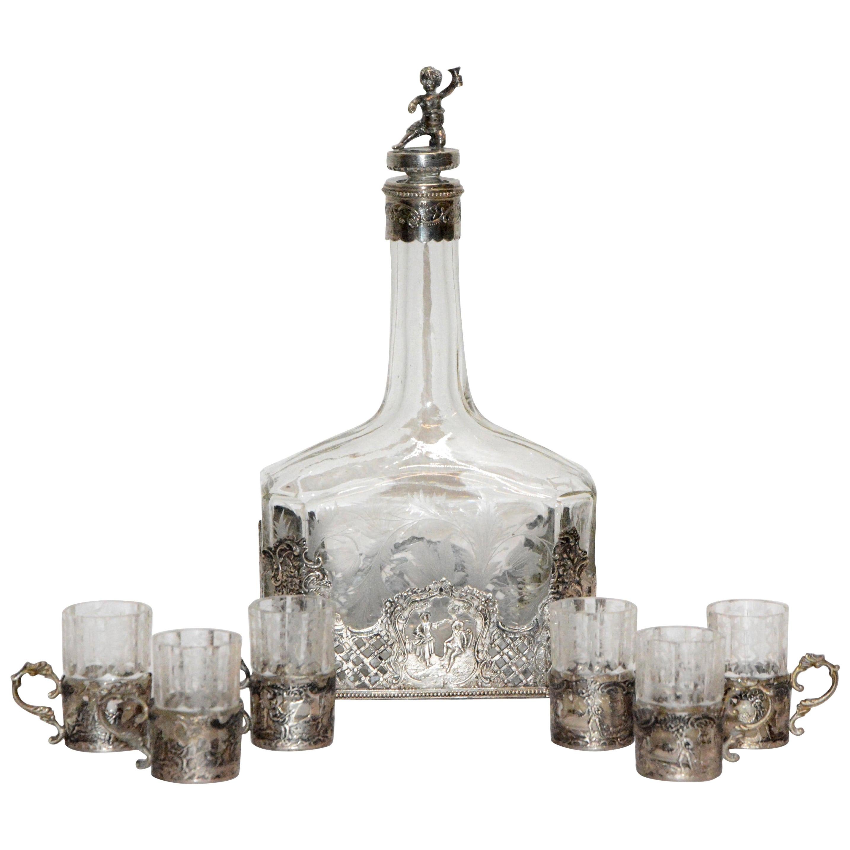 Silver and Engraved Crystal Decanter and Cordial Cups For Sale